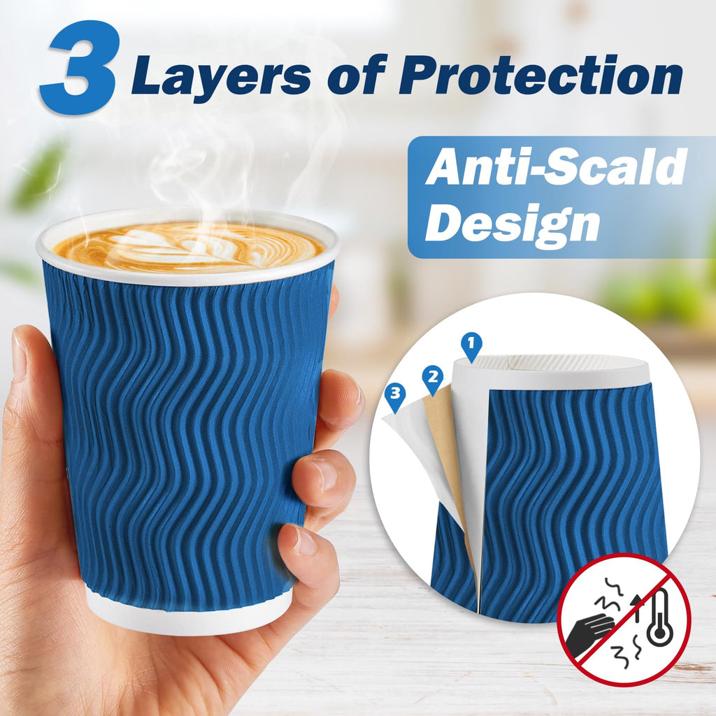 SIUQ 12 oz Coffee Cups-90 Pack Disposable Coffee Cups with Lids and Straws, Insulated Ripple Wall To Go Paper Coffee Cup for Coffee, Hot Chocolate and Hot Tea Drinks - Champagne