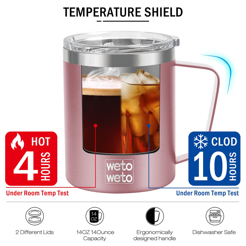 WETOWETO Coffee Mug with Handle, 14oz Insulated Stainless Steel Coffee Travel Mug, Double Wall Vacuum Reusable Coffee Cup with Lid, Powder Coated Rose Gold