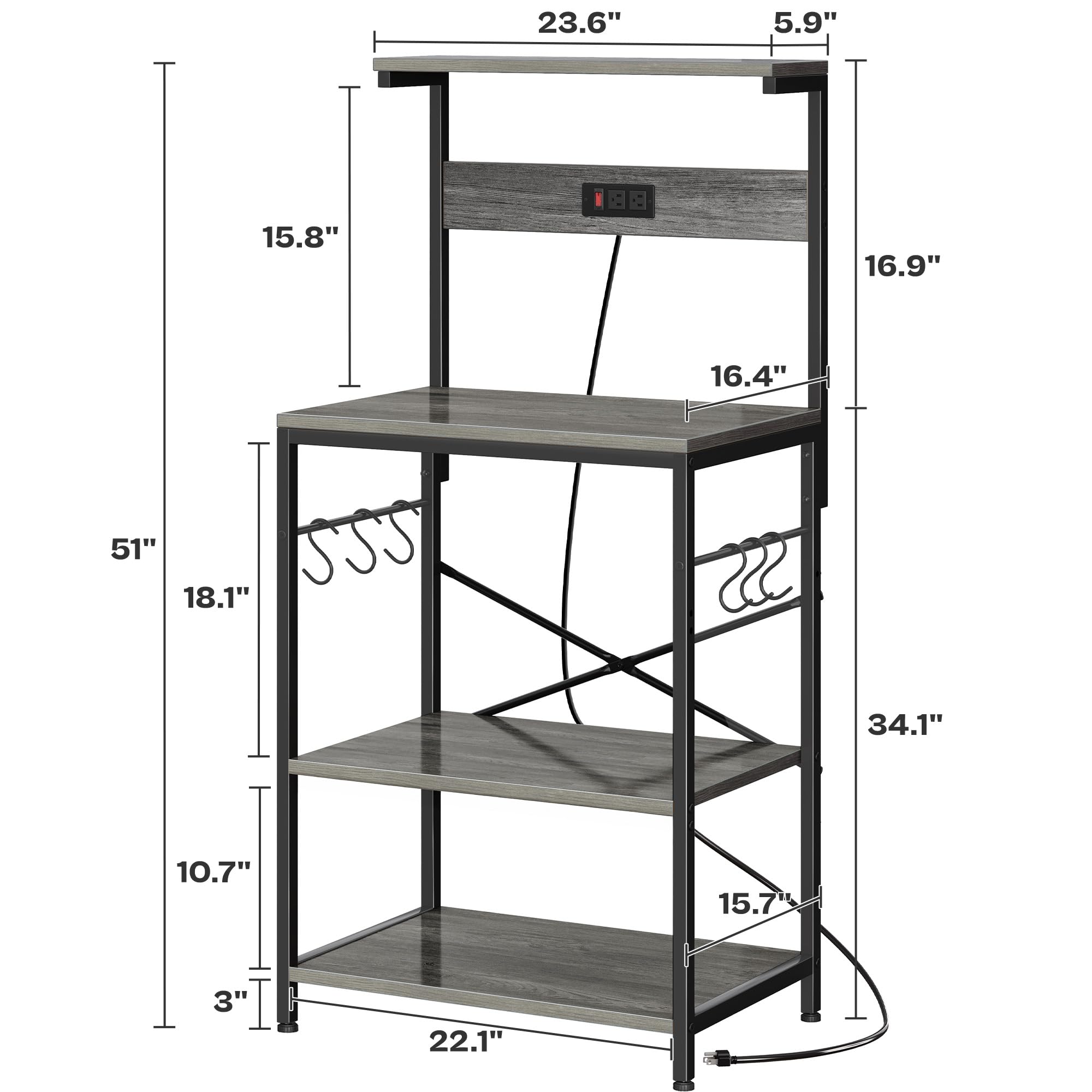 SUPERJARE Kitchen Bakers Rack with Power Outlet, Coffee Bar Table 4 Tiers, Kitchen Microwave Stand with 6 S-shaped Hooks, Storage Shelf Rack for Spices, Pots and Pans - Rustic Brown