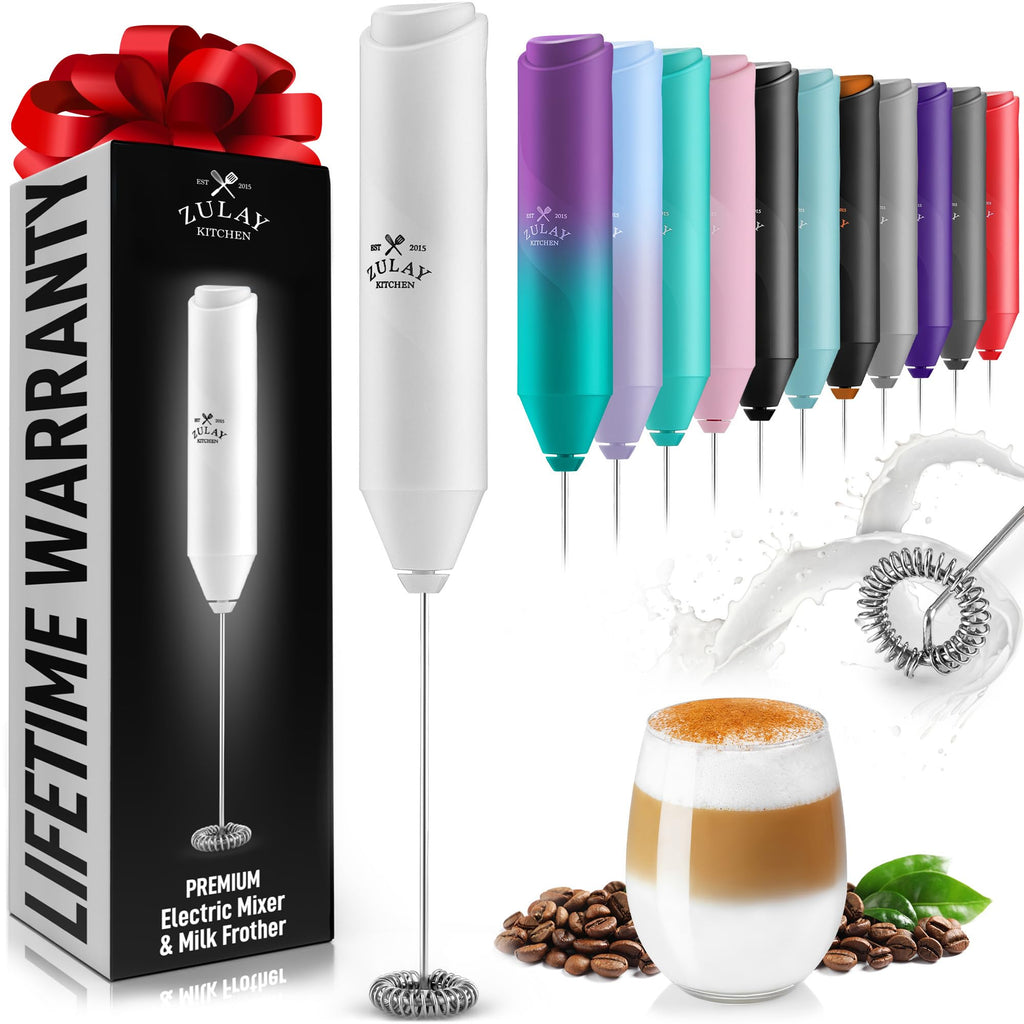 Zulay Kitchen Powerful Milk Frother AA Batteries Included – Ultra Fast Handheld Drink Mixer with Stainless Steel Whisk Stirrer for Coffee, Protein, Matcha & More, Frother Wand Electric Frothmate Black