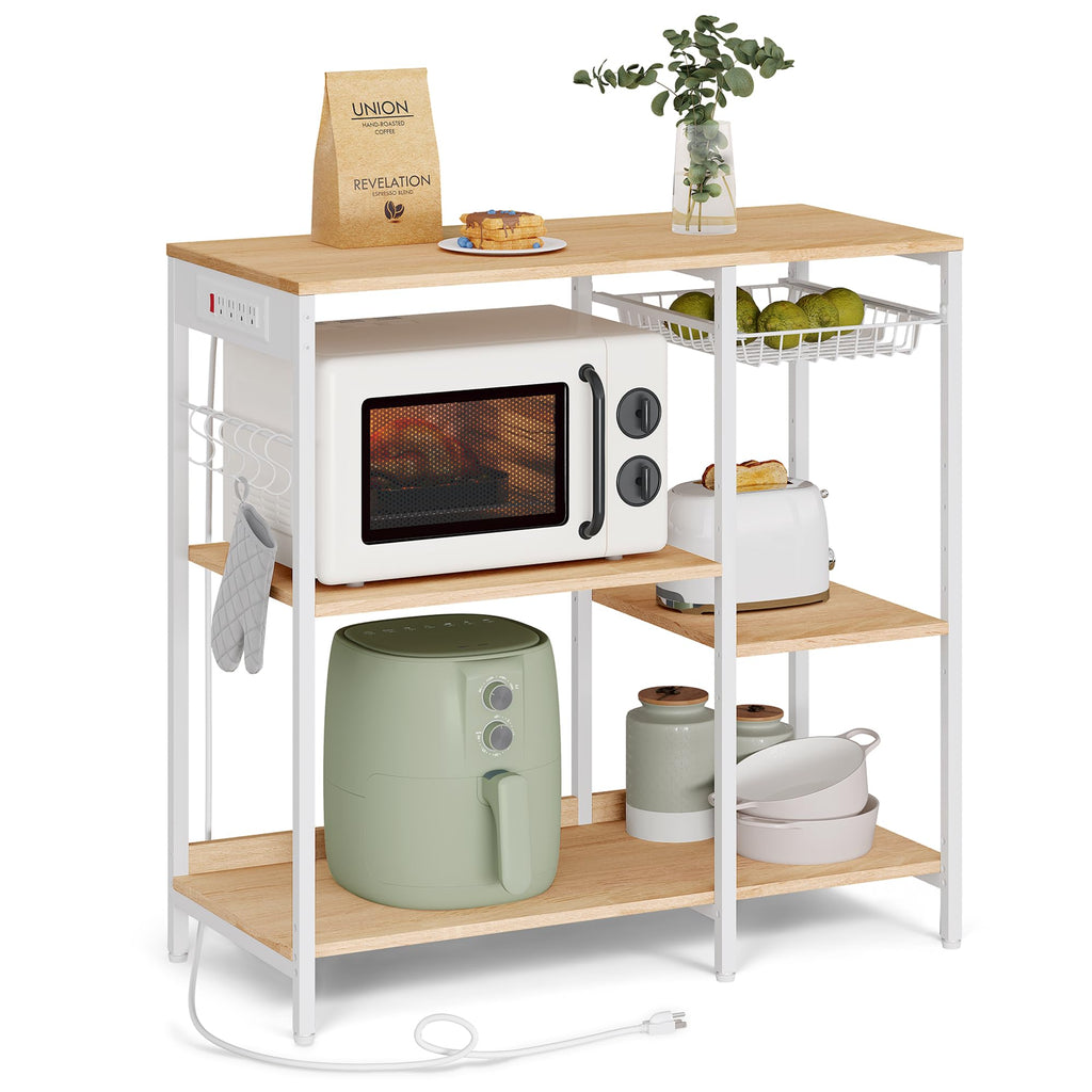 VASAGLE Baker's Rack, Coffee Bar Stand with Charging Station, 35.6 Inches Tall, Storage Shelves, Pull-Out Wire Basket, Table for Microwave, Kitchen, Rustic Brown and Ink Black UKKS036K01