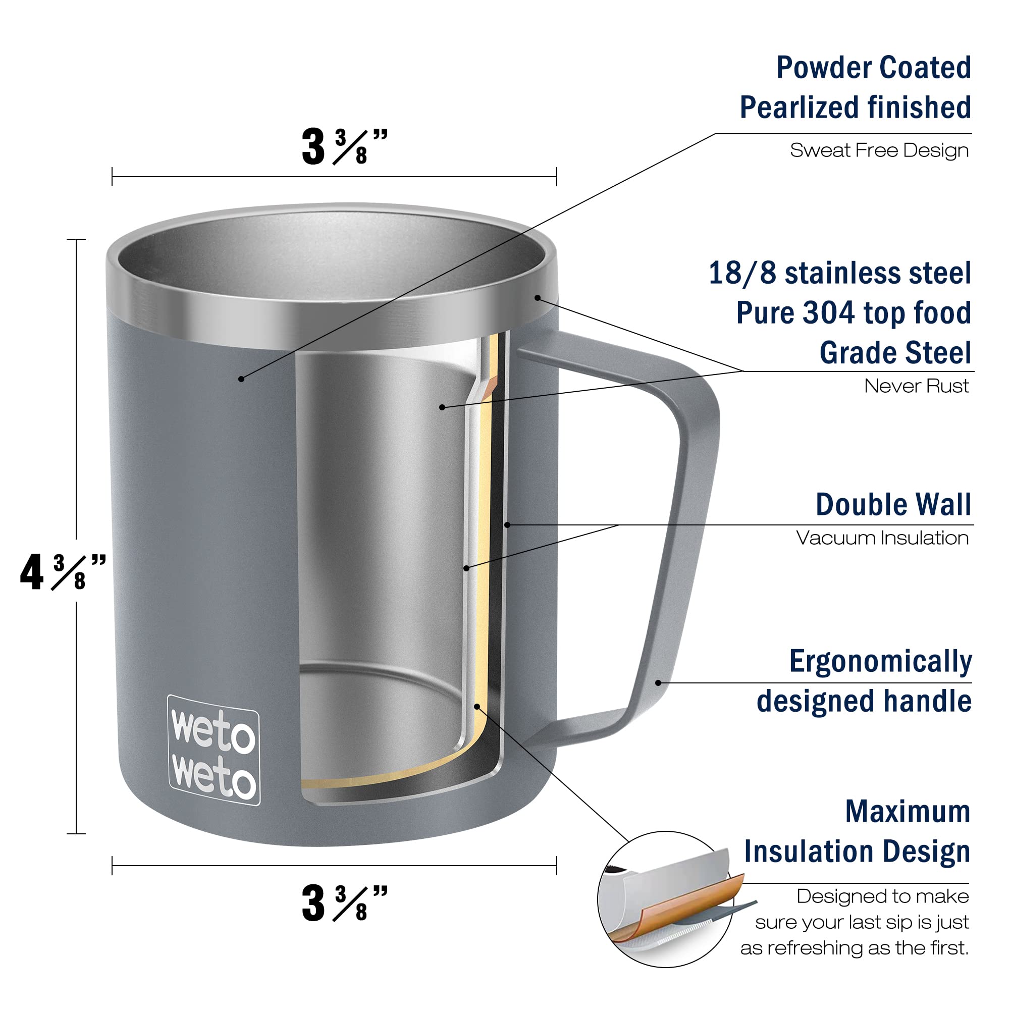 WETOWETO Coffee Mug with Handle, 14oz Insulated Stainless Steel Coffee Travel Mug, Double Wall Vacuum Reusable Coffee Cup with Lid, Powder Coated Rose Gold