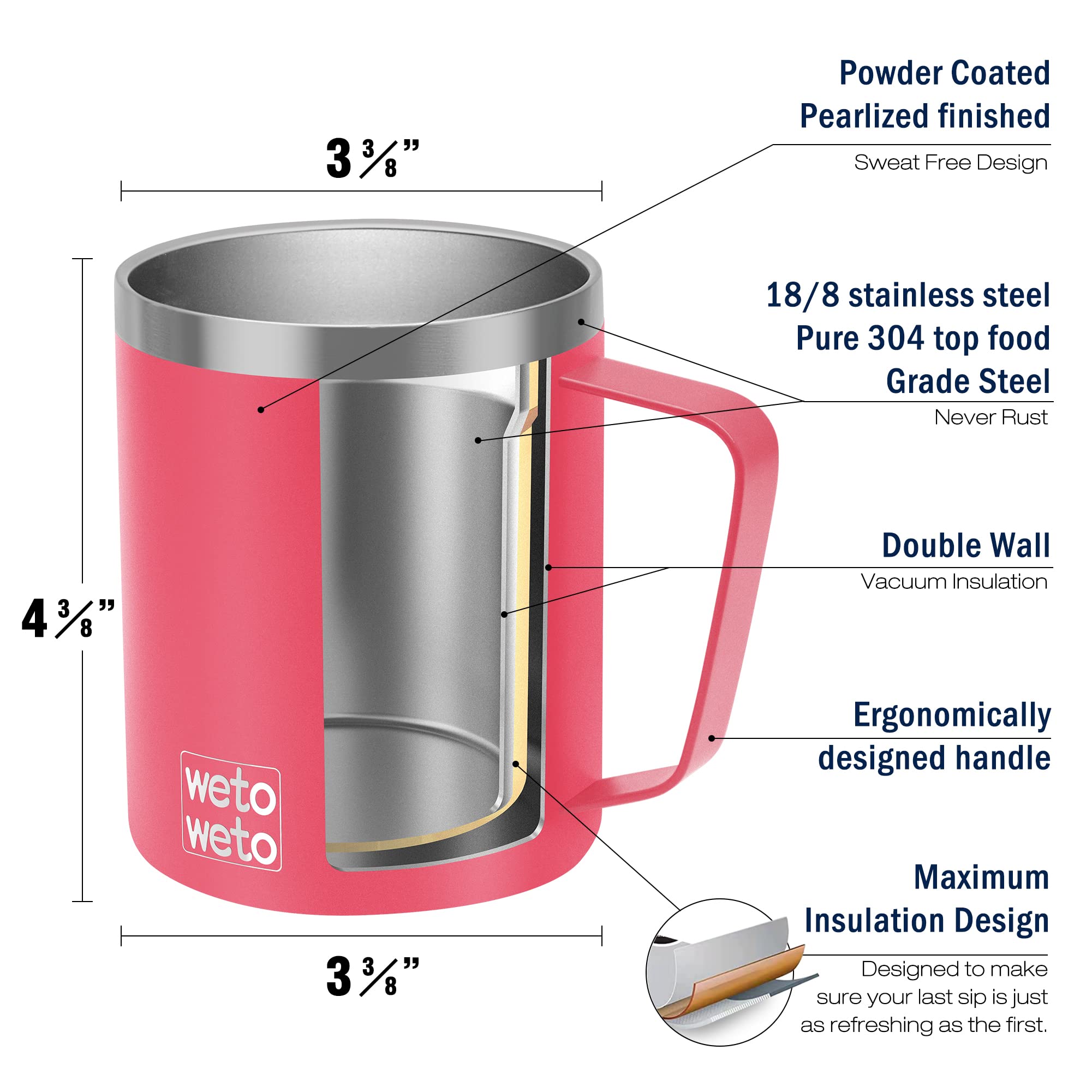 WETOWETO Coffee Mug with Handle, 14oz Insulated Stainless Steel Coffee Travel Mug, Double Wall Vacuum Reusable Coffee Cup with Lid, Powder Coated Rose Gold