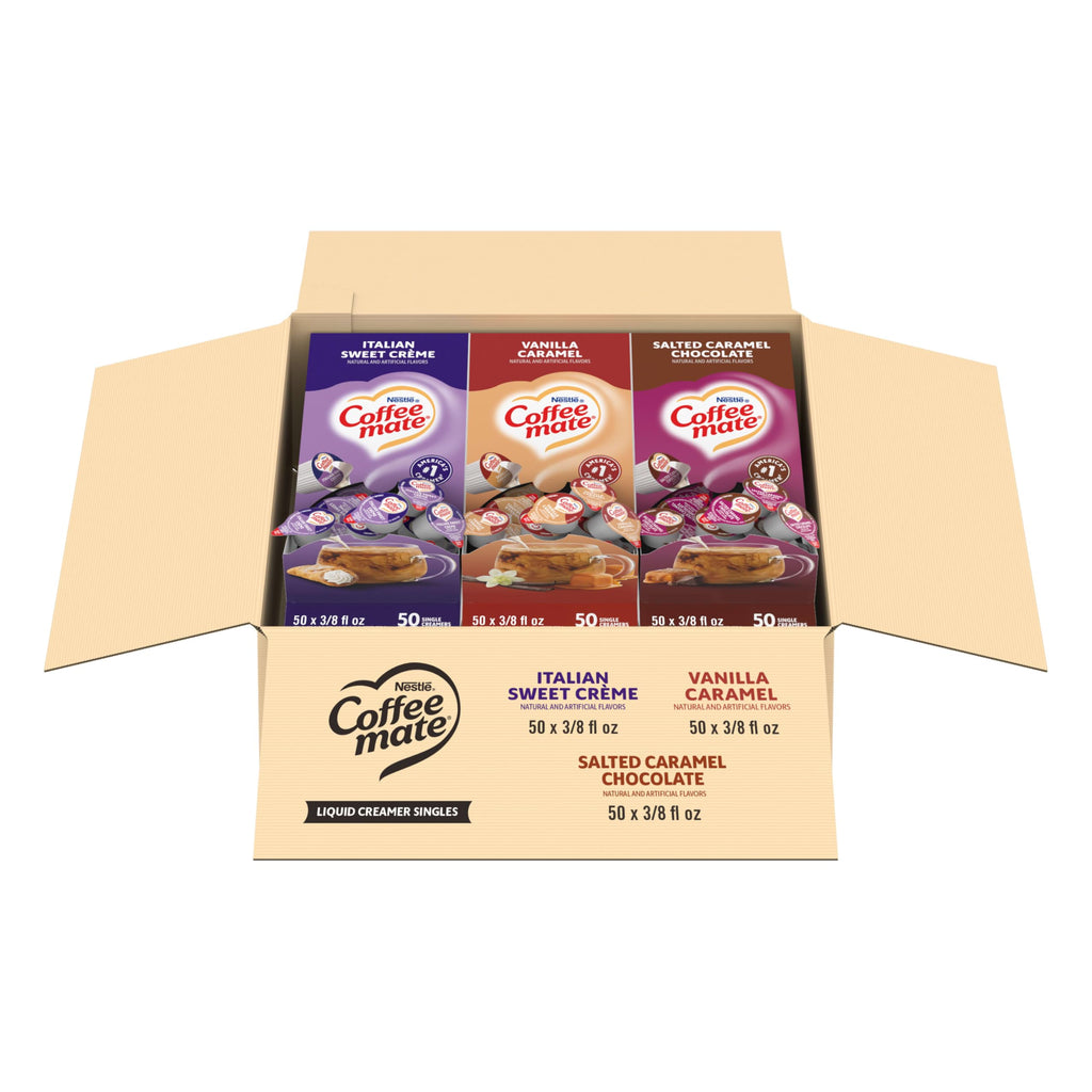 Nestle Coffee mate Creamer Singles Variety Pack, Italian Sweet Creme, Salted Caramel Chocolate, Vanilla Caramel Non Dairy, No Refrigeration, 0.375 fl oz Tubs, 150 Count (Pack of 50 Per Flavor)