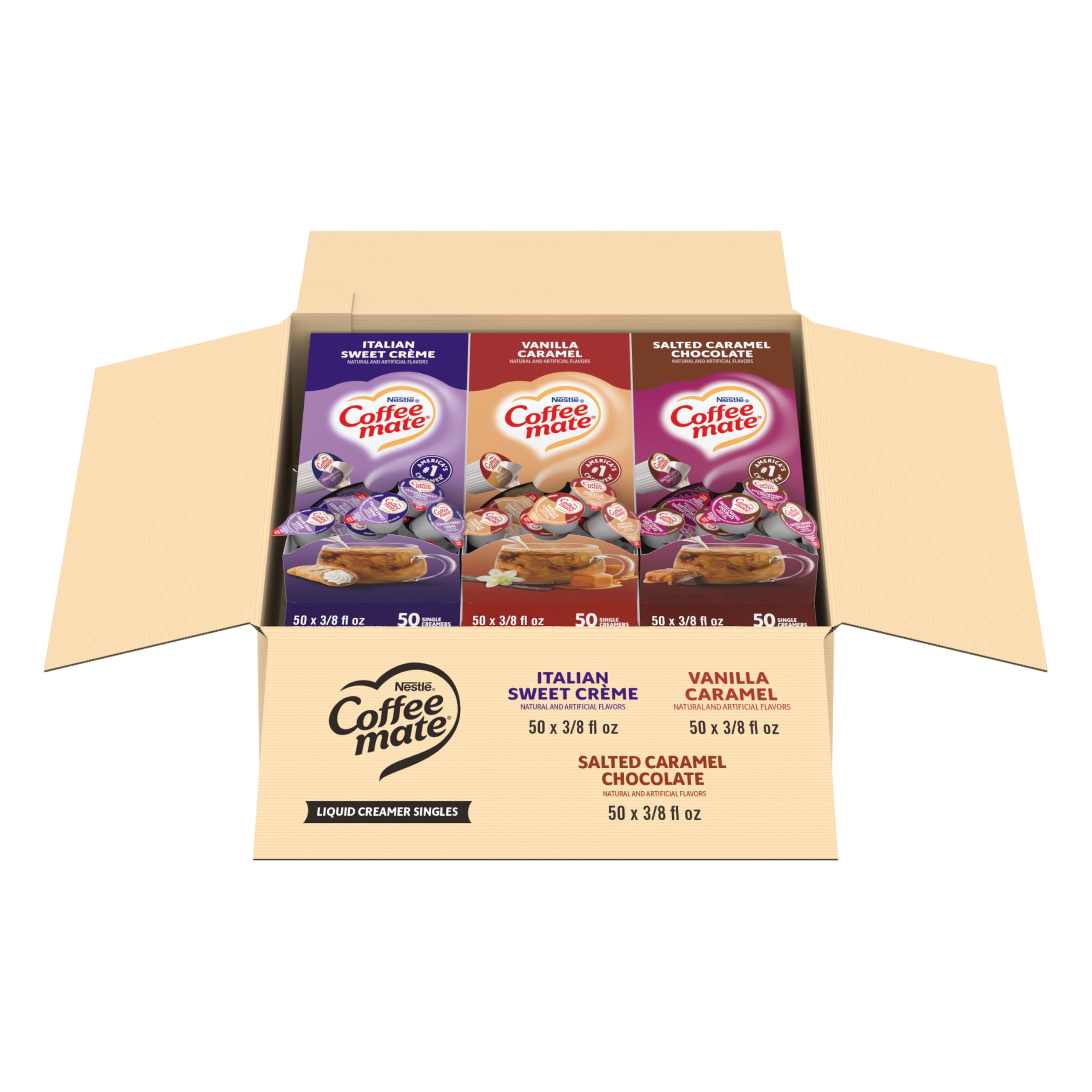 Nestle Coffee mate Creamer Singles Variety Pack, Italian Sweet Creme, Salted Caramel Chocolate, Vanilla Caramel Non Dairy, No Refrigeration, 0.375 fl oz Tubs, 150 Count (Pack of 50 Per Flavor)