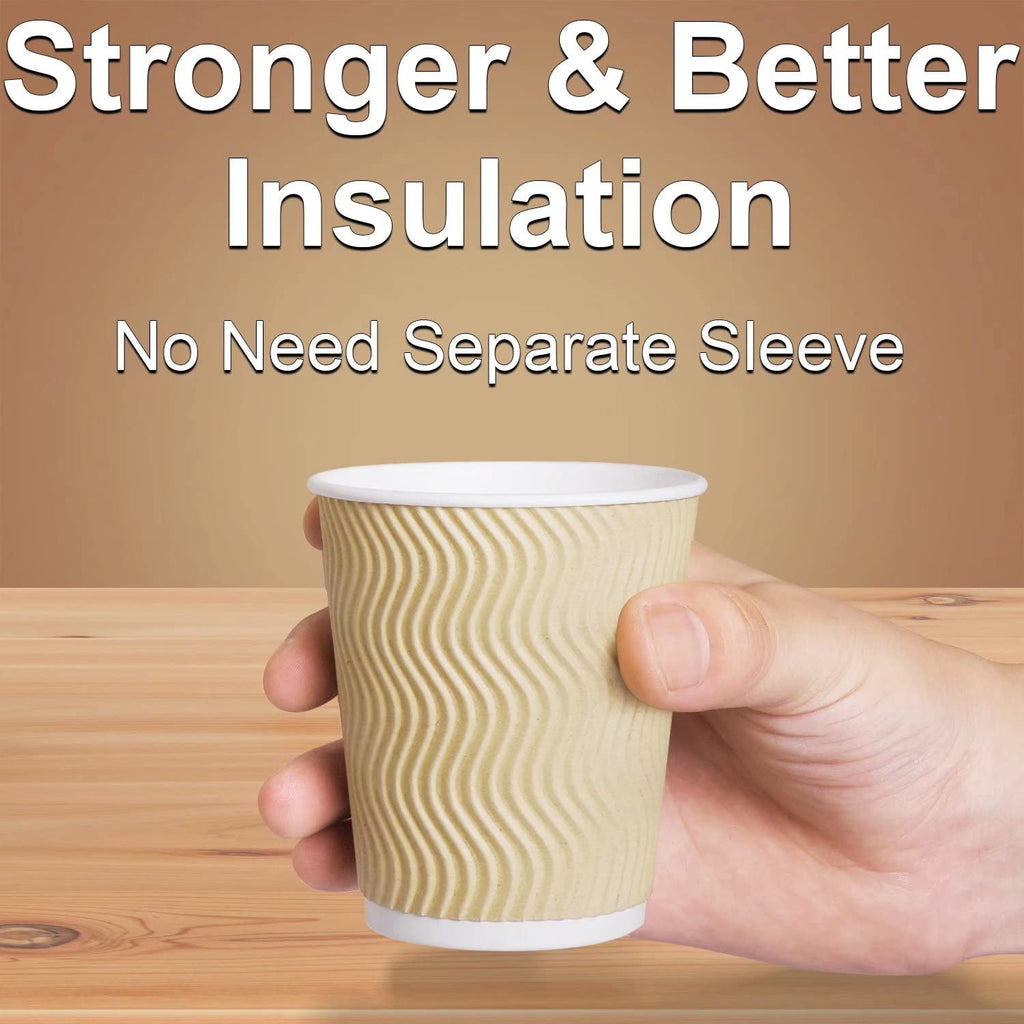 Hot Paper Cups_12 oz Disposable Insulated Corrugated Sleeve Ripple Wall Paper Cup 100 pcs,12oz Cups for Drink，Hot Coffee Cups (Brown)