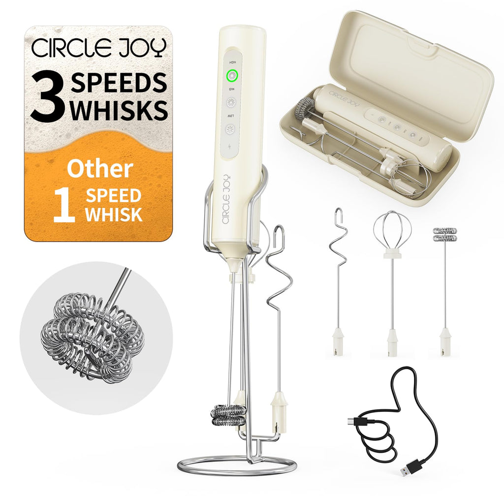 CIRCLE JOY Rechargeable Handheld Milk Frother Wand with 3 Variable Speeds, 3 Whisks and Storage Box, Electric Drink Mixer for Latte, Cappuccino, Hot Chocolate, Eggs and Protein Powder, Black