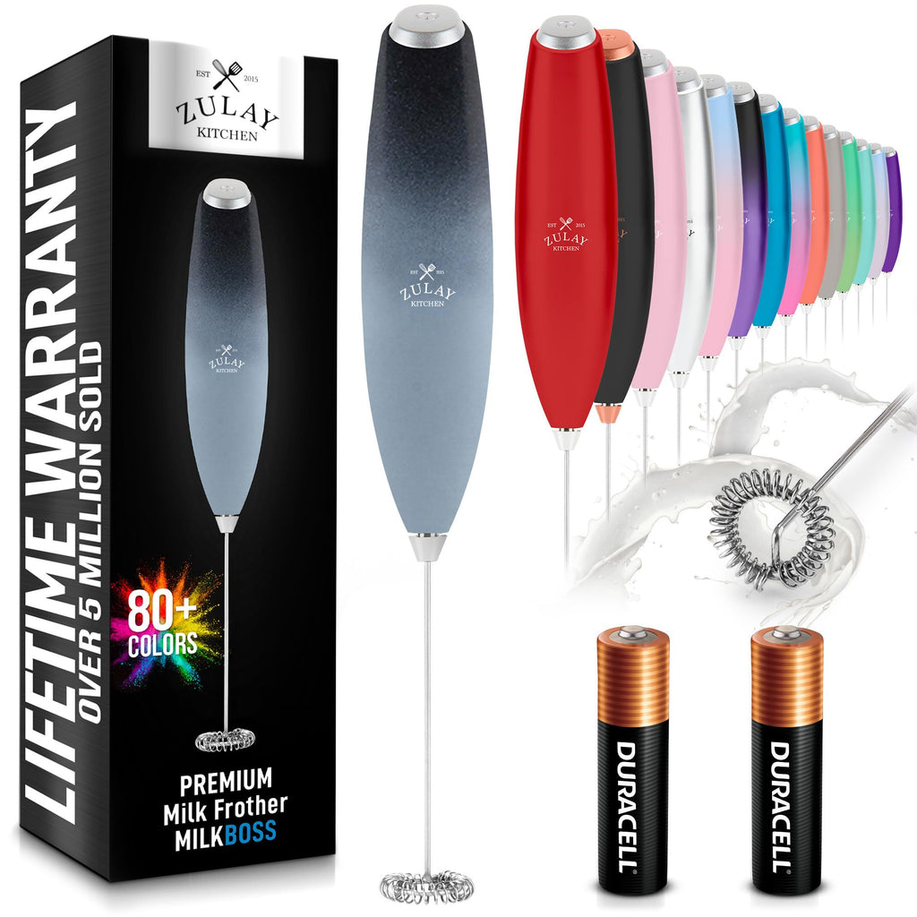 Zulay Kitchen Powerful Milk Frother AA Batteries Included – Ultra Fast Handheld Drink Mixer with Stainless Steel Whisk Stirrer for Coffee, Protein, Matcha & More, Frother Wand Electric Frothmate Black