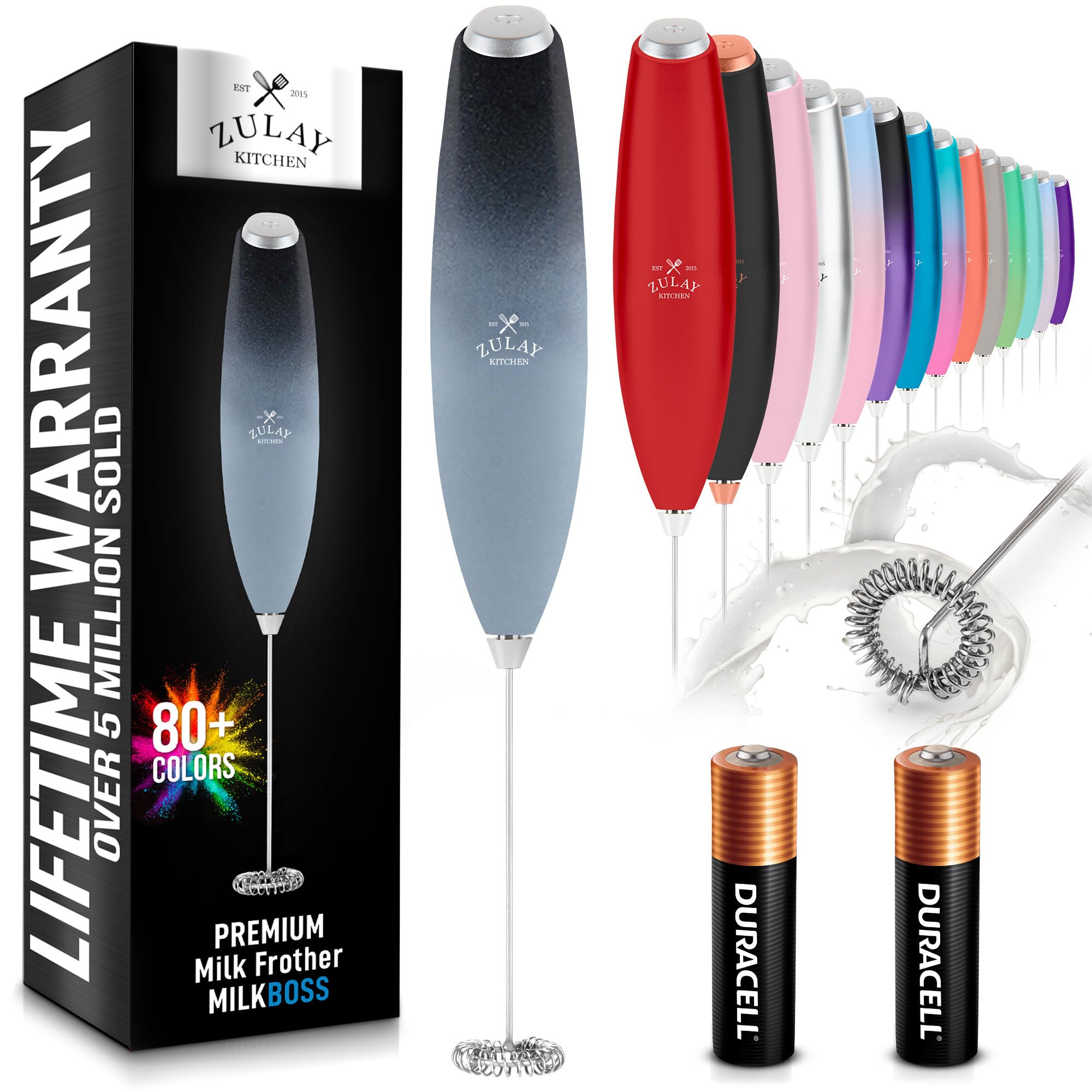 Zulay Kitchen Powerful Milk Frother AA Batteries Included – Ultra Fast Handheld Drink Mixer with Stainless Steel Whisk Stirrer for Coffee, Protein, Matcha & More, Frother Wand Electric Frothmate Black