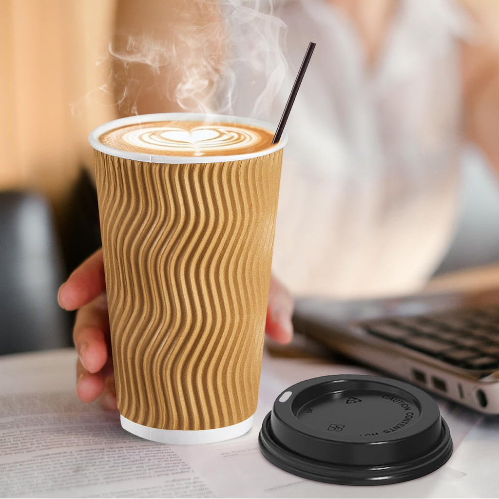 SIUQ 12 oz Coffee Cups-90 Pack Disposable Coffee Cups with Lids and Straws, Insulated Ripple Wall To Go Paper Coffee Cup for Coffee, Hot Chocolate and Hot Tea Drinks - Champagne