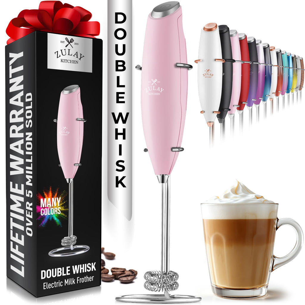 Zulay Kitchen Powerful Milk Frother AA Batteries Included – Ultra Fast Handheld Drink Mixer with Stainless Steel Whisk Stirrer for Coffee, Protein, Matcha & More, Frother Wand Electric Frothmate Black
