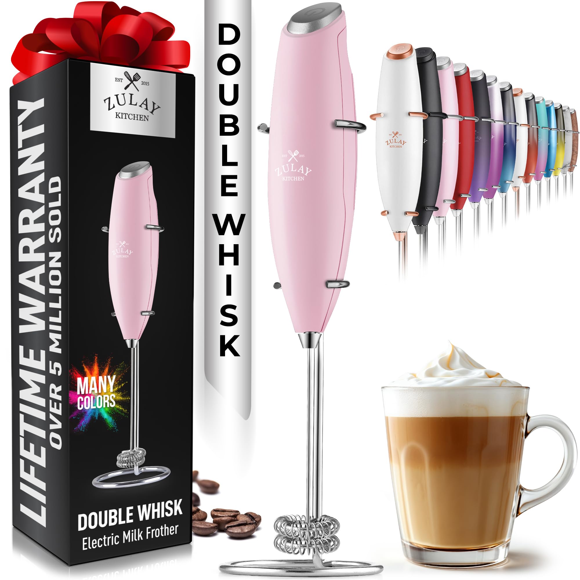 Zulay Kitchen Powerful Milk Frother AA Batteries Included – Ultra Fast Handheld Drink Mixer with Stainless Steel Whisk Stirrer for Coffee, Protein, Matcha & More, Frother Wand Electric Frothmate Black