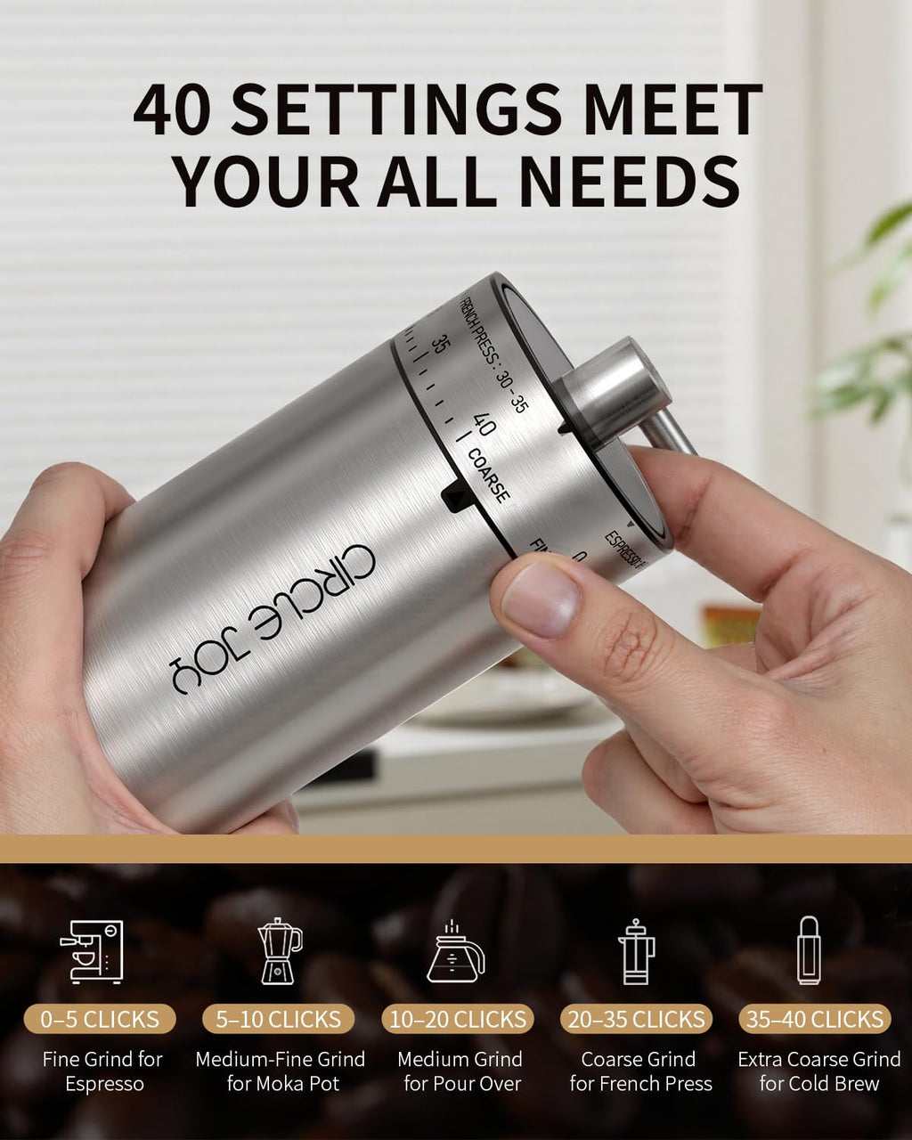 CIRCLE JOY Mini Manual Coffee Grinder with 40 External Adjustable Settings and Ceramic Conical Burr, Portable Stainless Steel Hand Coffee Grinder for Home and Travel