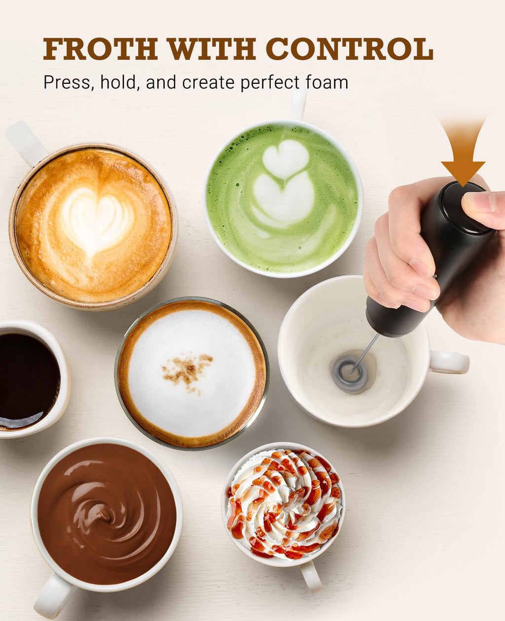 SIMPLETASTE Milk Frother Handheld Electric Foam Maker, Drink Mixer with Stainless Steel Whisk for Cappuccino, Bulletproof Coffee, Latte, Gray, with Stand, Battery Operated