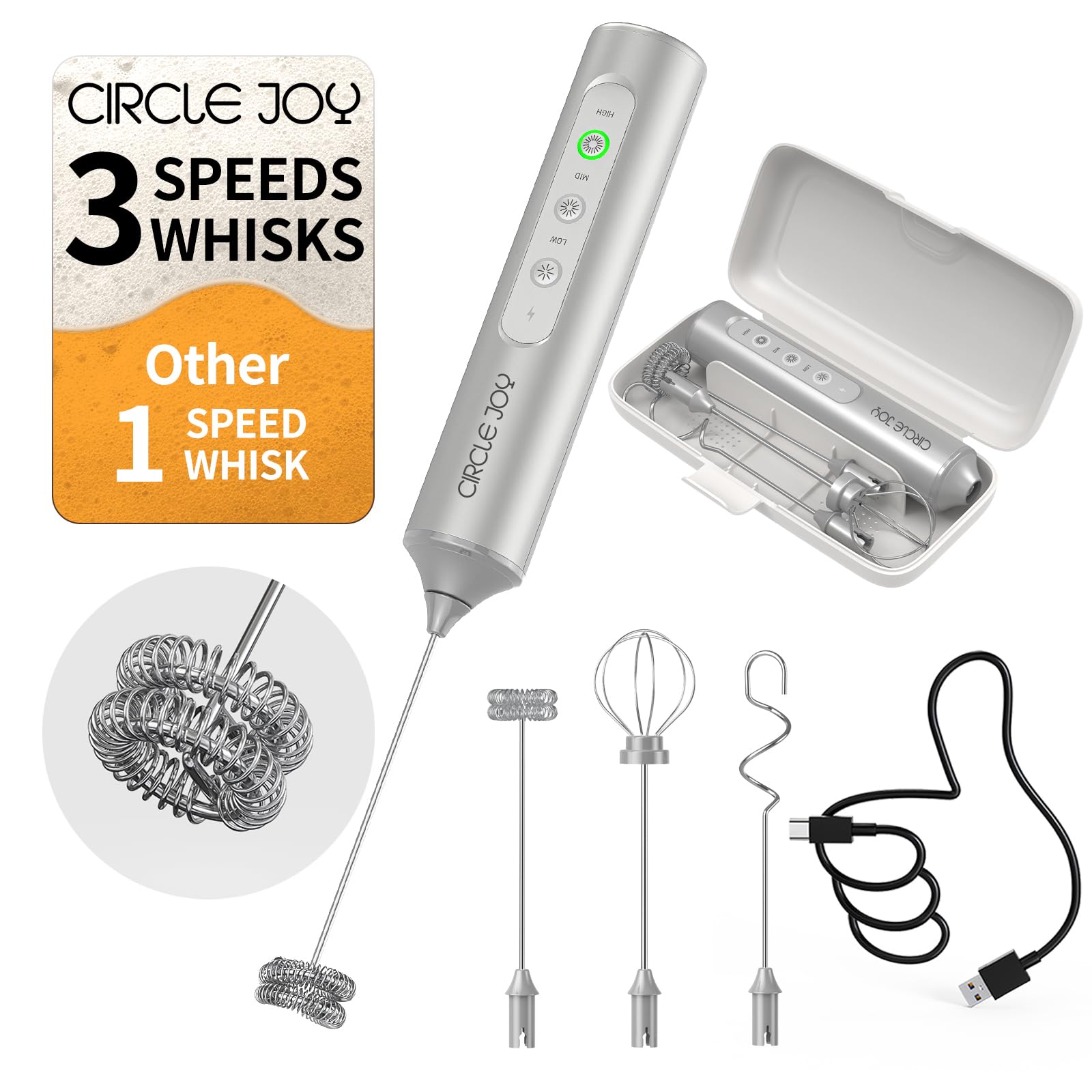 CIRCLE JOY Rechargeable Handheld Milk Frother Wand with 3 Variable Speeds, 3 Whisks and Storage Box, Electric Drink Mixer for Latte, Cappuccino, Hot Chocolate, Eggs and Protein Powder, Black