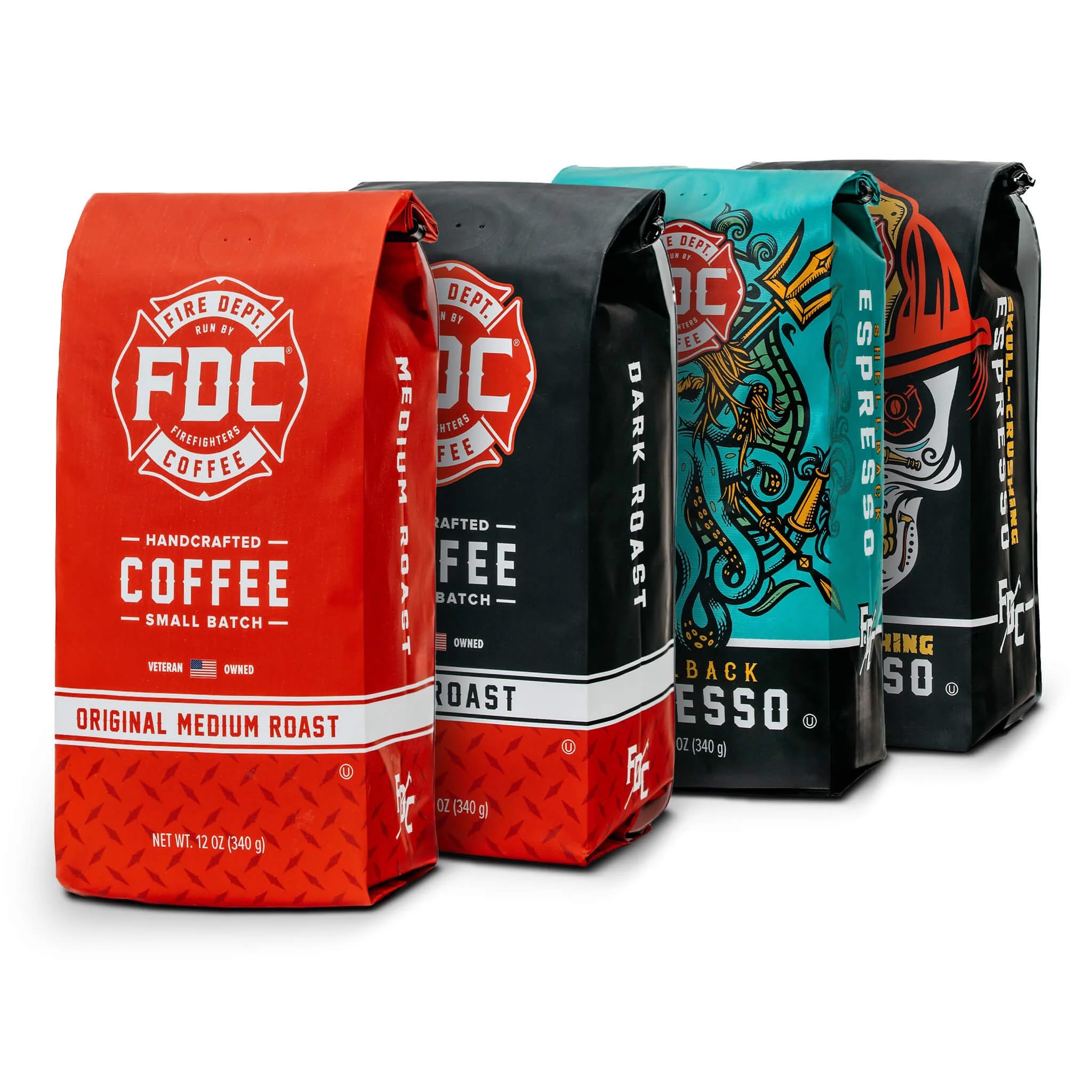Fire Department Coffee - Gives Back to Firefighters - Rescue Variety Pack - Whole Bean Coffee - Medium, Dark, Shellback Espresso, & Skull Crushing Espresso Beans - Veteran Owned (12oz, Pack of 4)
