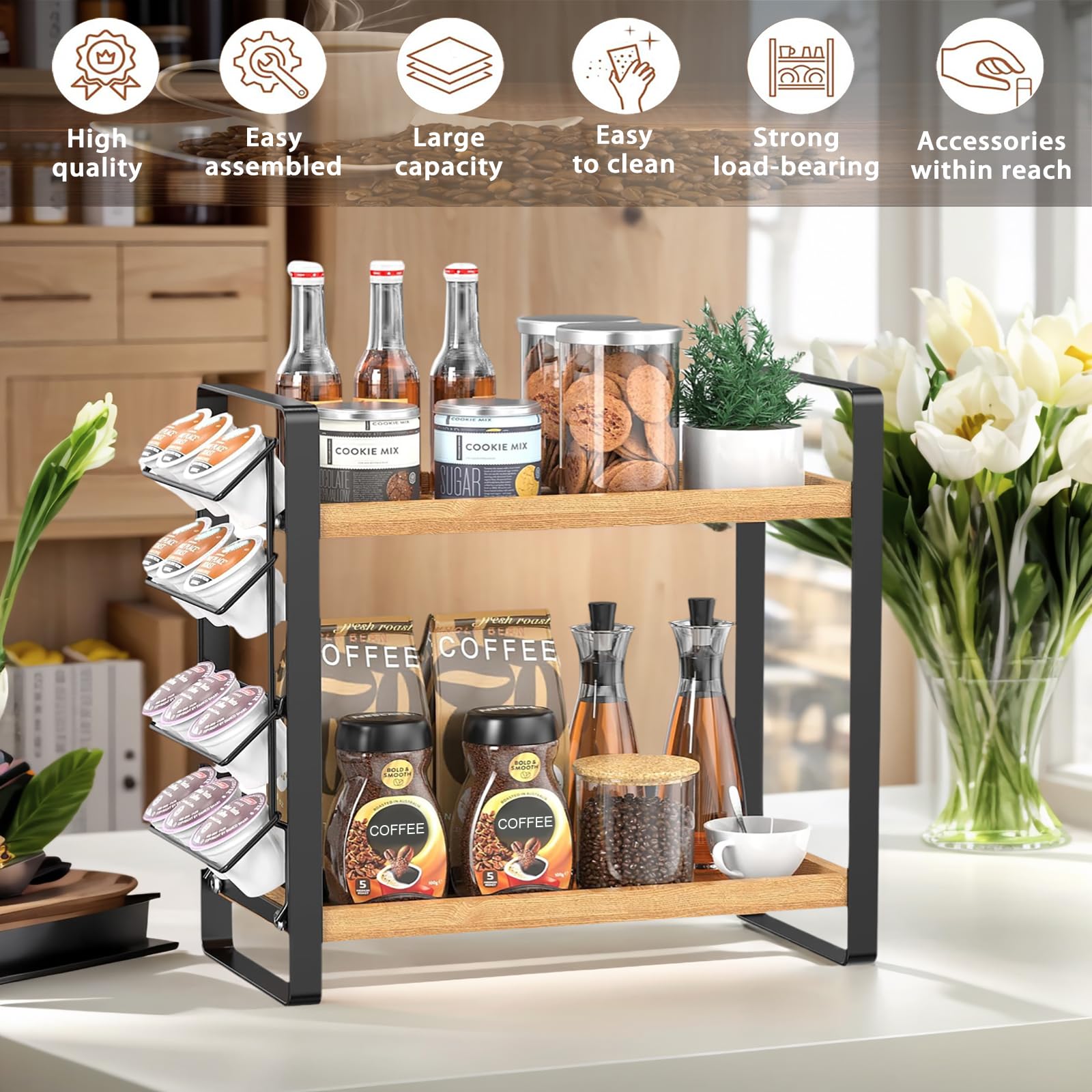 LEMIKKLE Coffee Station Organizer with Pod Holder and Drawer, Kitchen Countertop Organizer, Coffee Bar Accessories Station with Coffee Pod Storage, 2-Tier Wood Coffee Organizer With 6 Hooks
