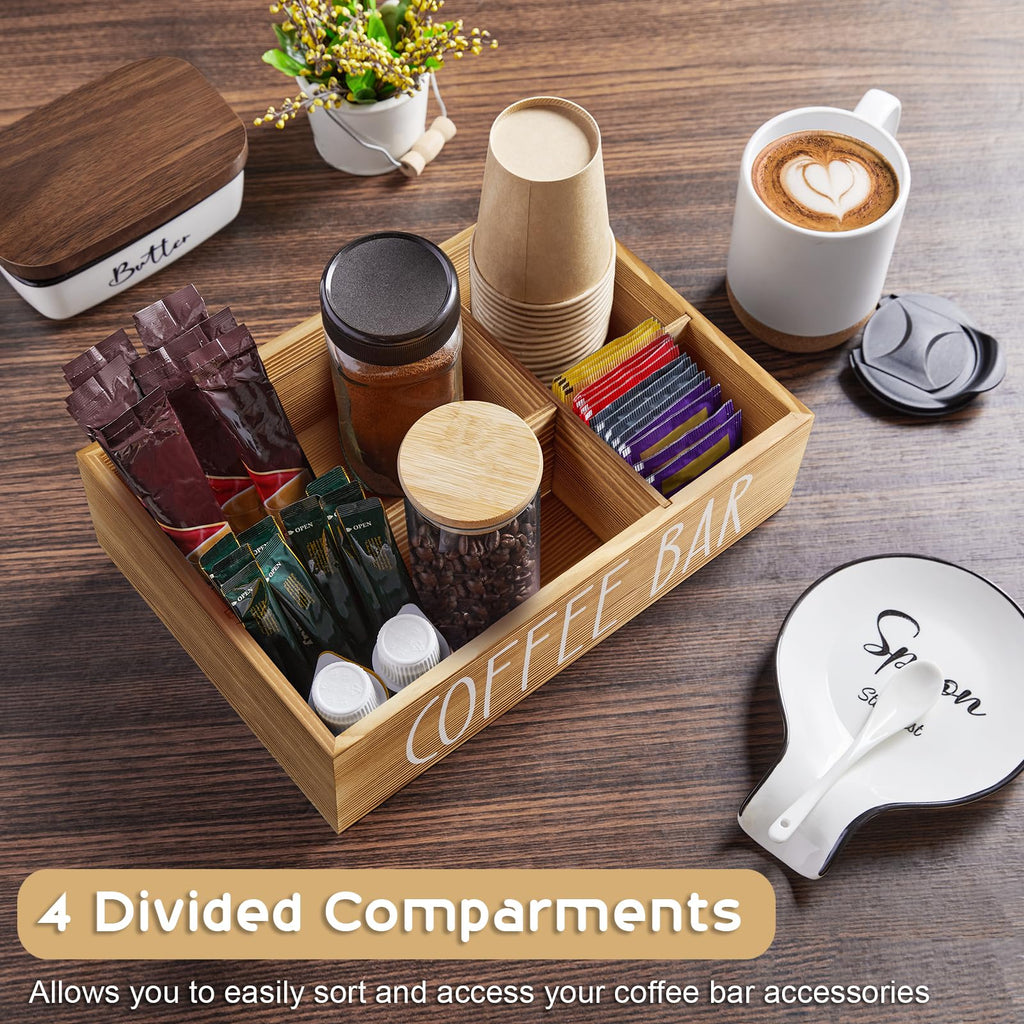 ALELION Coffee Station Organizer - Wood Countertop Accessories Organizer with Removable Dividers for Pods Condiment Syrup Tea Cups Stirrers - for Farmhouse Coffee Bar Decor