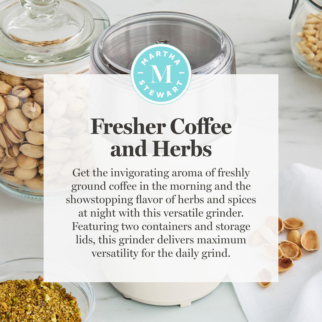 Martha Stewart Electric Coffee & Spice Grinder, Dual 2.5oz Removable Bowls, Storage Lids, Stainless Steel Blades, One Touch Pulse Control, 2-in-1 Compact, Beans & Spices, Herbs & Nuts, Honeydew Green
