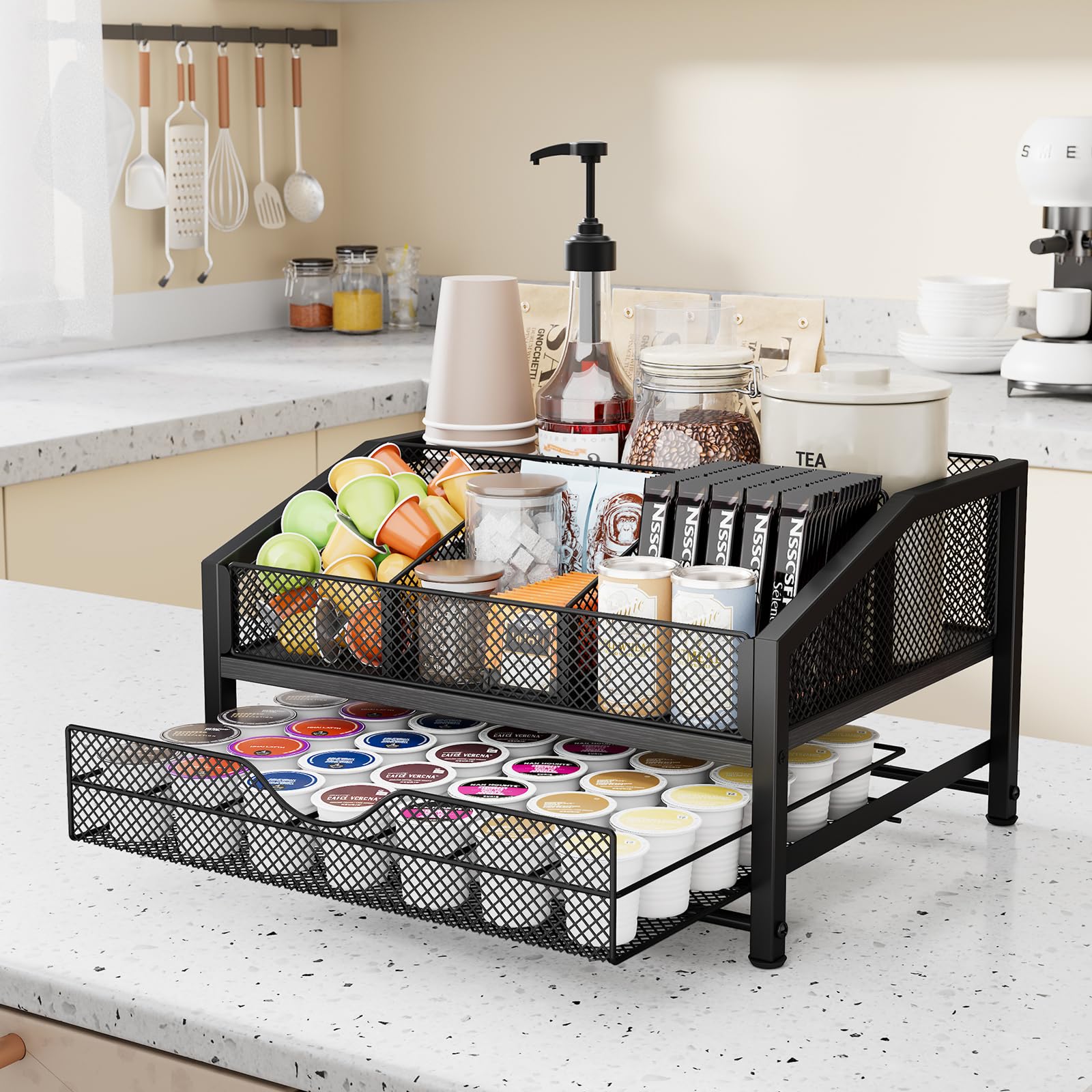 Homsorout Coffee Bar Organizer - Coffee Station for Countertop, Metal and Wood K Cup holder Storage Basket for Coffee Pods, Syrup, Cups, Stirrer, Coffee Condiment, Tea Organizer, Black and Brown