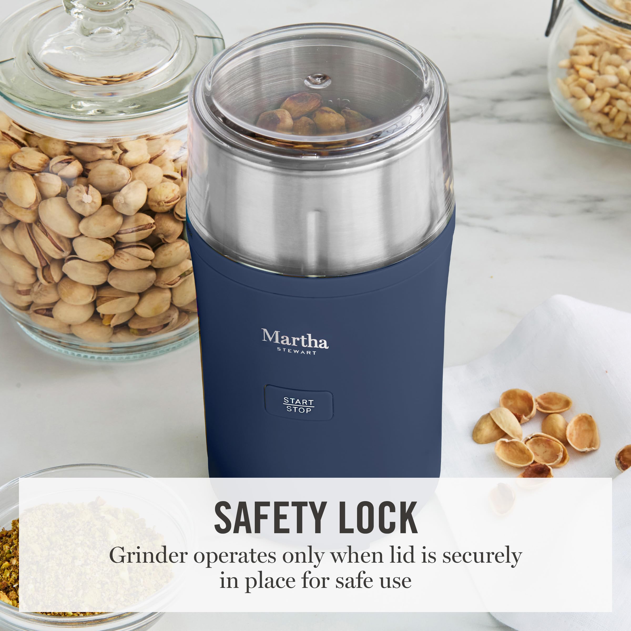 Martha Stewart Electric Coffee & Spice Grinder, Dual 2.5oz Removable Bowls, Storage Lids, Stainless Steel Blades, One Touch Pulse Control, 2-in-1 Compact, Beans & Spices, Herbs & Nuts, Honeydew Green