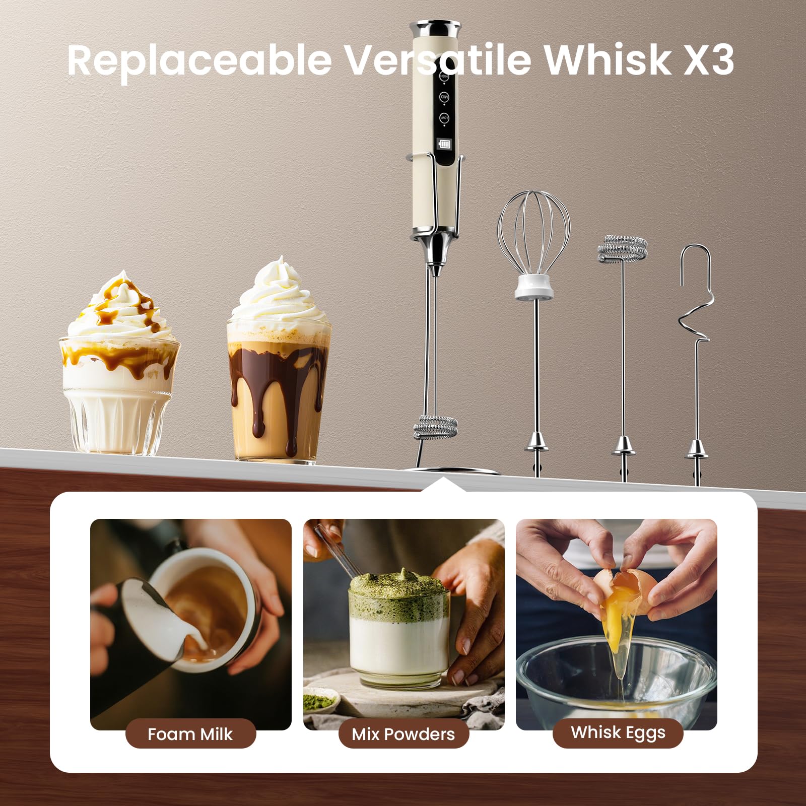 YUSWKO Milk Frother Wand for Coffee, Handheld Coffee Frother, Rechargeable Drink Mixer, Waterproof Electric Whisk, Black