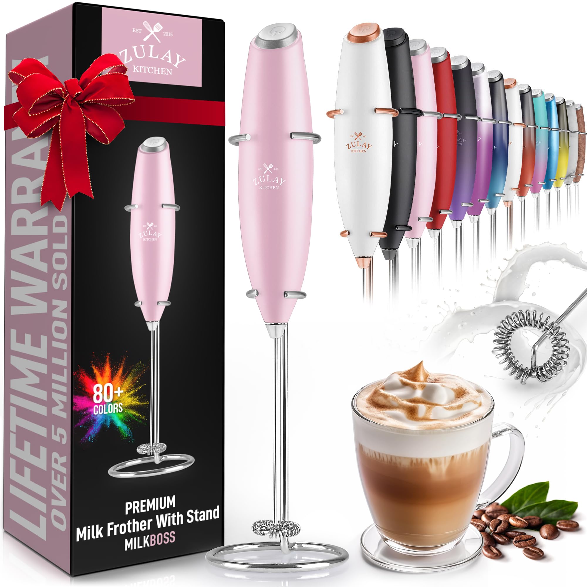 Zulay Kitchen Powerful Milk Frother AA Batteries Included – Ultra Fast Handheld Drink Mixer with Stainless Steel Whisk Stirrer for Coffee, Protein, Matcha & More, Frother Wand Electric Frothmate Black