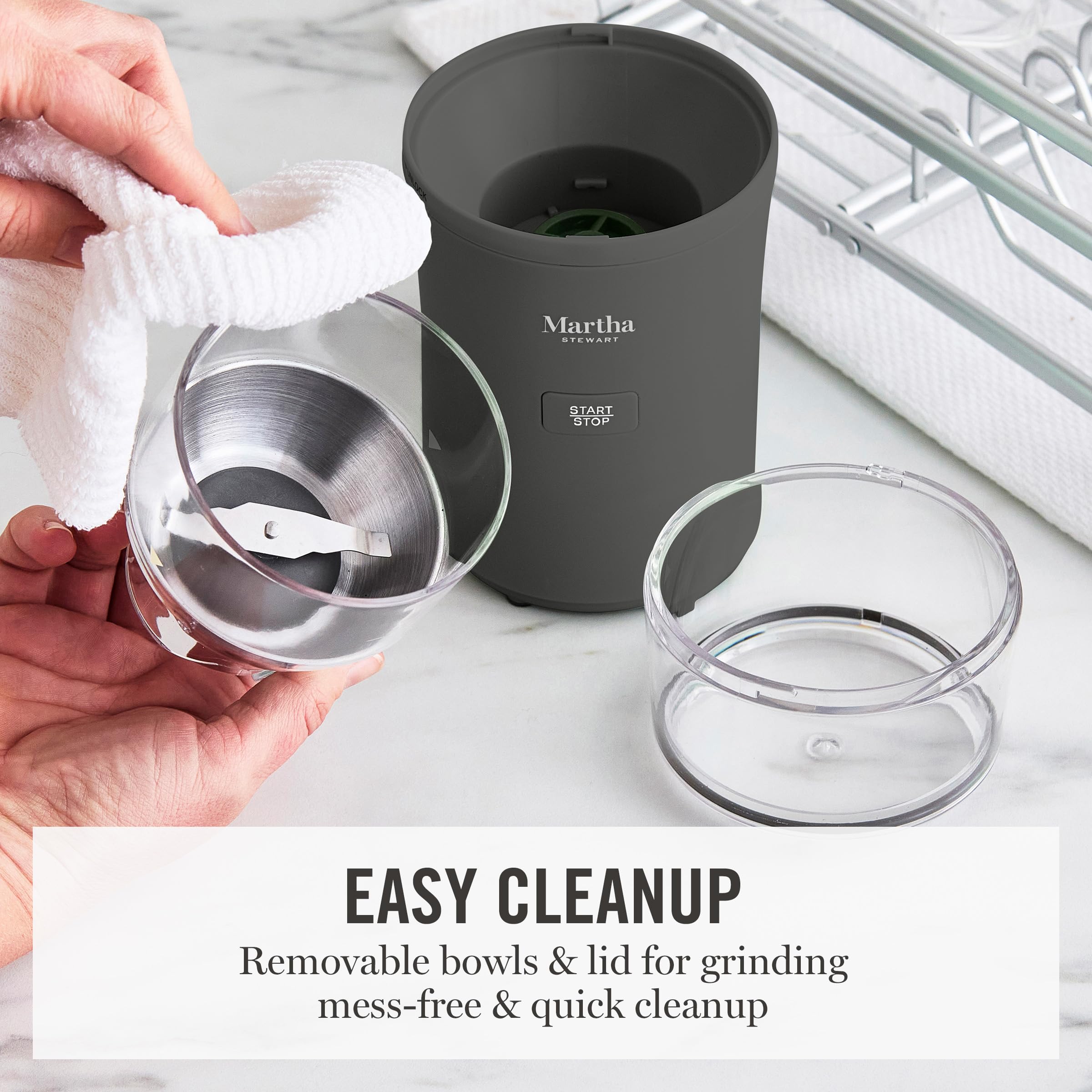 Martha Stewart Electric Coffee & Spice Grinder, Dual 2.5oz Removable Bowls, Storage Lids, Stainless Steel Blades, One Touch Pulse Control, 2-in-1 Compact, Beans & Spices, Herbs & Nuts, Honeydew Green