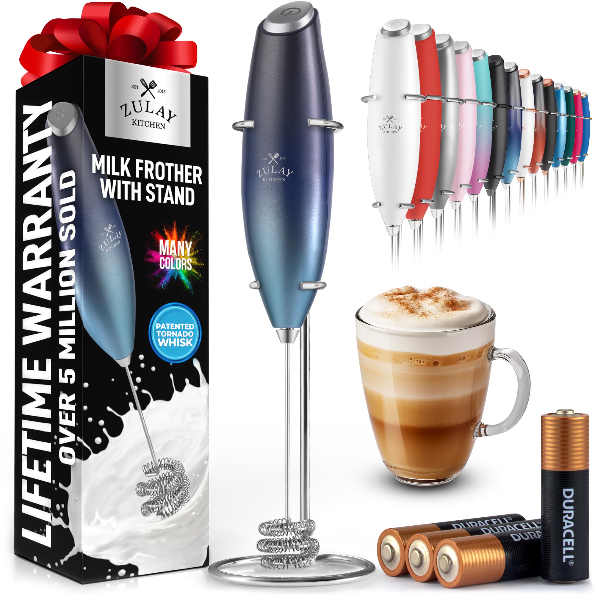 Zulay Kitchen Rechargeable Milk Frother Handheld - Frother Wand, Drink Mixer, Electric Whisk Frother, for Cappuccinos, Matcha & Protein Powder - Lux 4 Whisk 2 Speed Waterproof 2000mAh Alpha Black