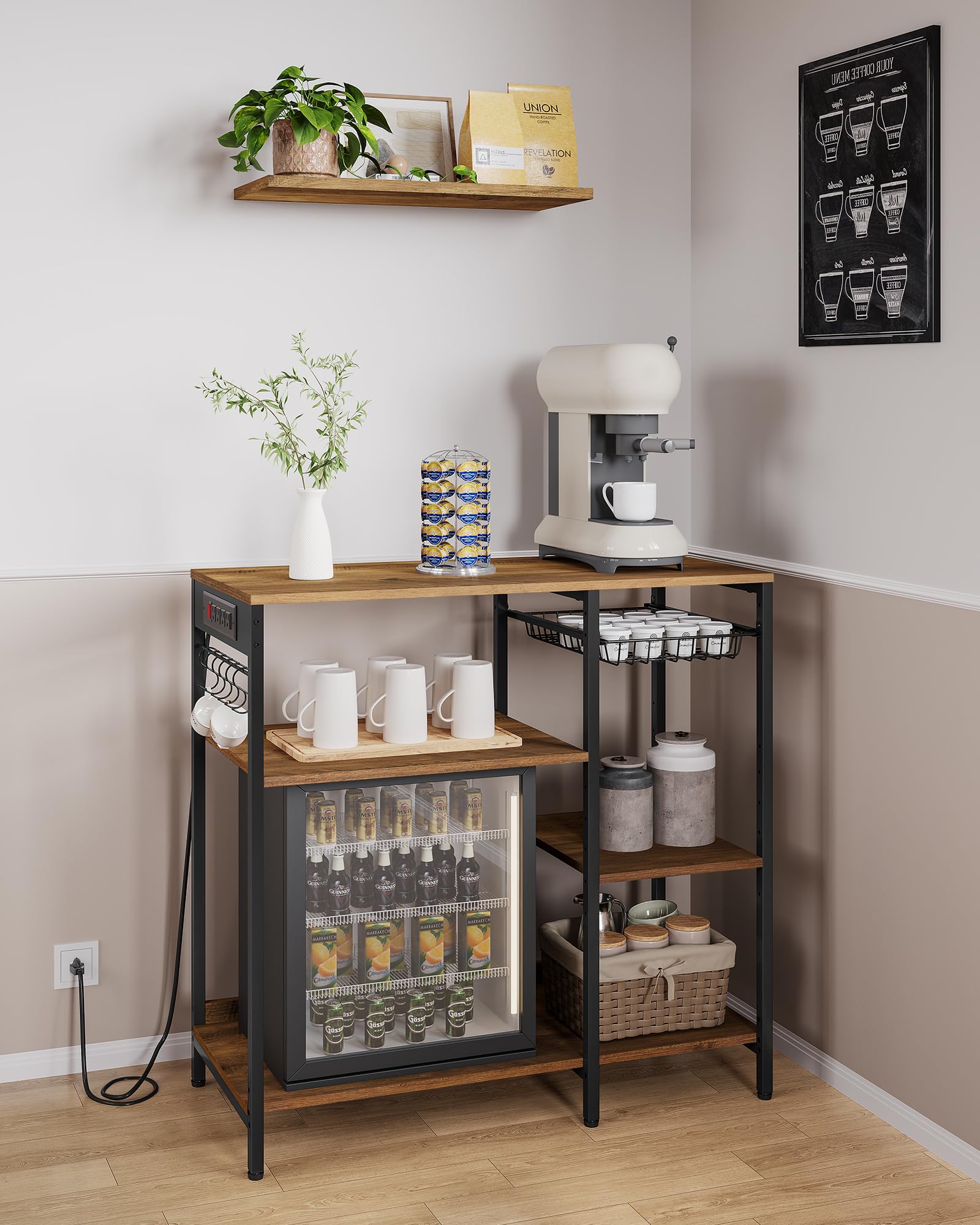 VASAGLE Baker's Rack, Coffee Bar Stand with Charging Station, 35.6 Inches Tall, Storage Shelves, Pull-Out Wire Basket, Table for Microwave, Kitchen, Rustic Brown and Ink Black UKKS036K01