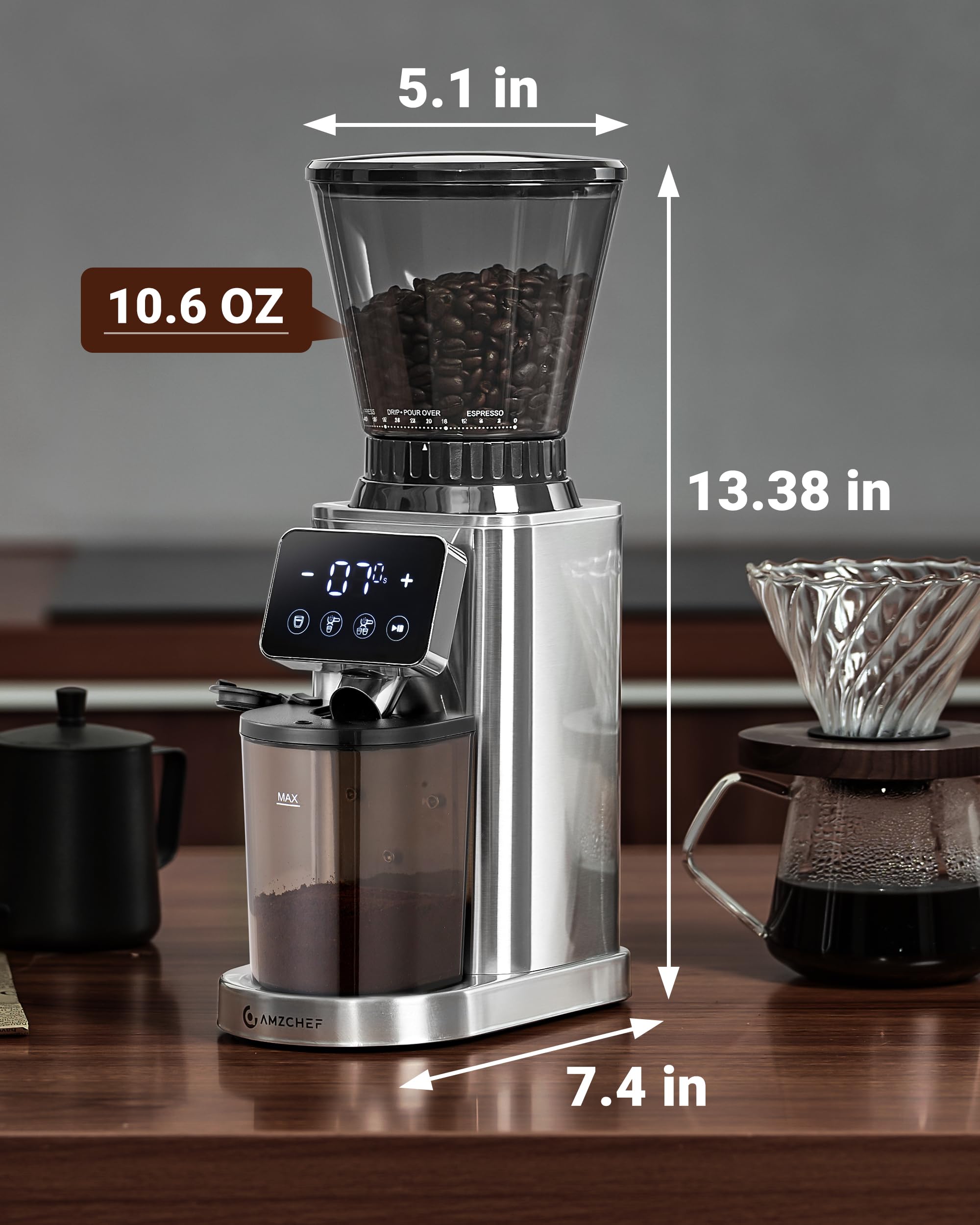 AMZCHEF Coffee Grinder, Coffee Bean Grinder for Home Use with Precise Grinding, LED Control Panel, Detachable Funnel Stand, Anti-static Design, 48 Grind Settings, Silver