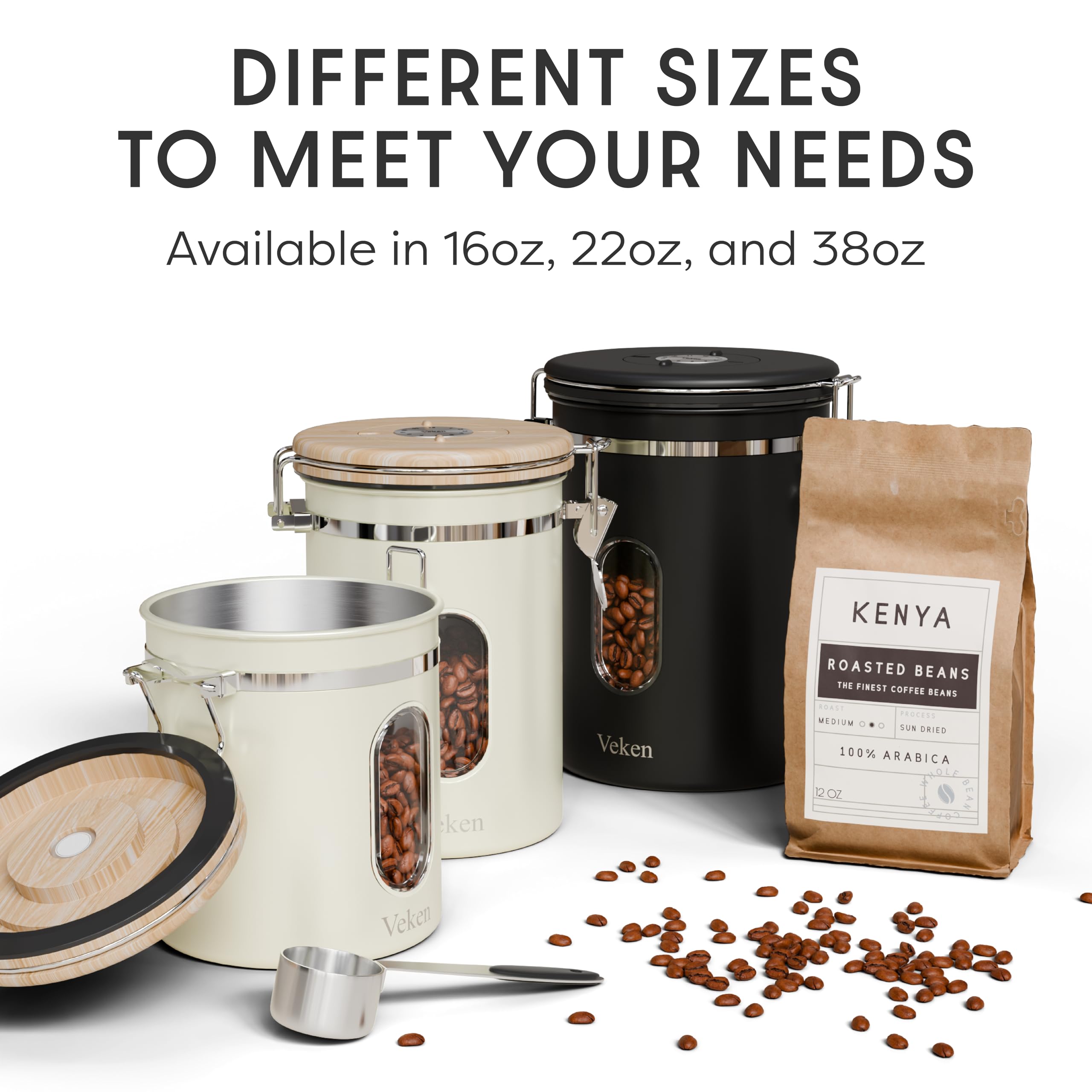 Veken Coffee Canister with Window,Airtight Stainless Steel Pantry Container,Home Kitchen Food Storage Organizers for Ground,Beans,Espresso,Rice,Tea,Sugar,Cereal, Decor,Bar Accessories,Gifts,22OZ,Black