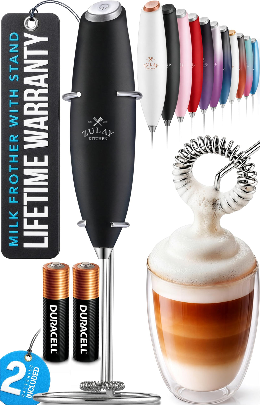 Zulay Kitchen Rechargeable Milk Frother Handheld - Frother Wand, Drink Mixer, Electric Whisk Frother, for Cappuccinos, Matcha & Protein Powder - Lux 4 Whisk 2 Speed Waterproof 2000mAh Alpha Black