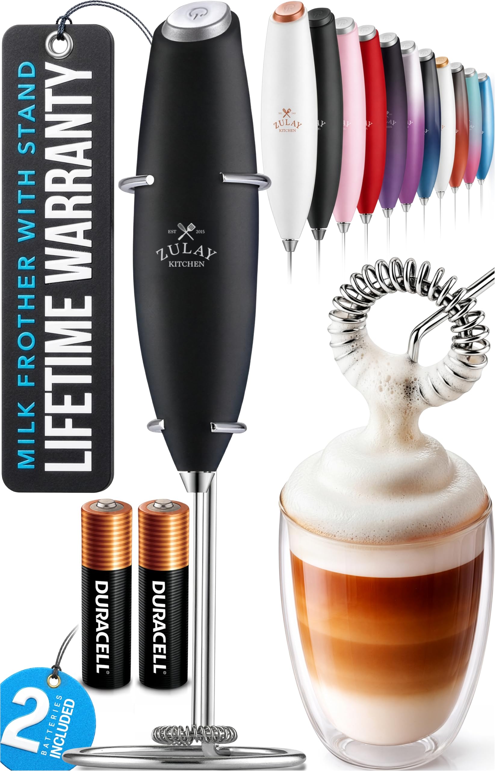 Zulay Kitchen Rechargeable Milk Frother Handheld - Frother Wand, Drink Mixer, Electric Whisk Frother, for Cappuccinos, Matcha & Protein Powder - Lux 4 Whisk 2 Speed Waterproof 2000mAh Alpha Black