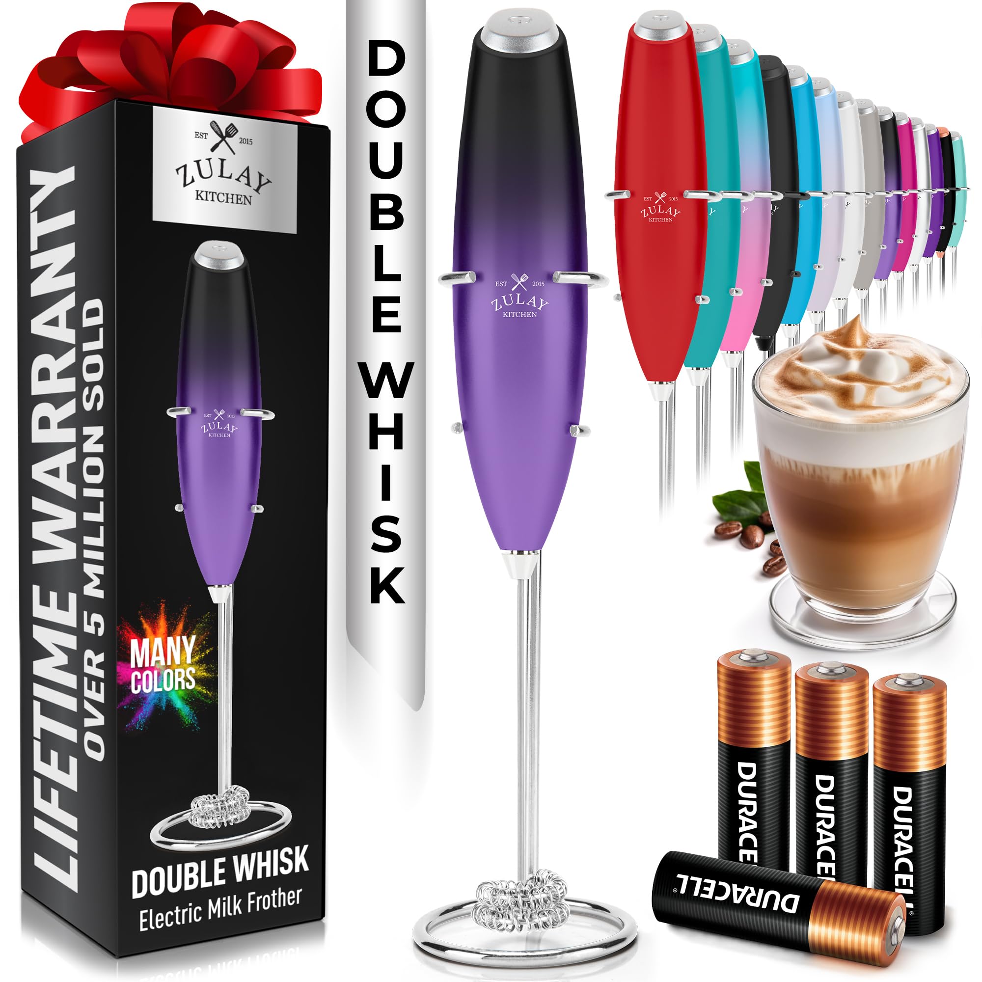 Zulay Kitchen Rechargeable Milk Frother Handheld - Frother Wand, Drink Mixer, Electric Whisk Frother, for Cappuccinos, Matcha & Protein Powder - Lux 4 Whisk 2 Speed Waterproof 2000mAh Alpha Black