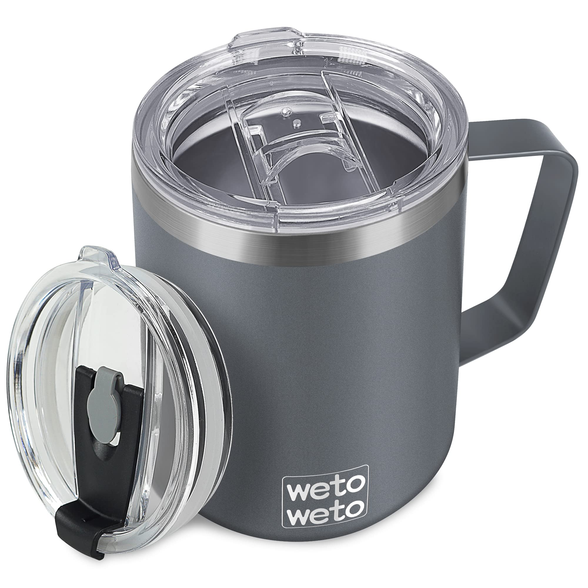 WETOWETO Coffee Mug with Handle, 14oz Insulated Stainless Steel Coffee Travel Mug, Double Wall Vacuum Reusable Coffee Cup with Lid, Powder Coated Rose Gold