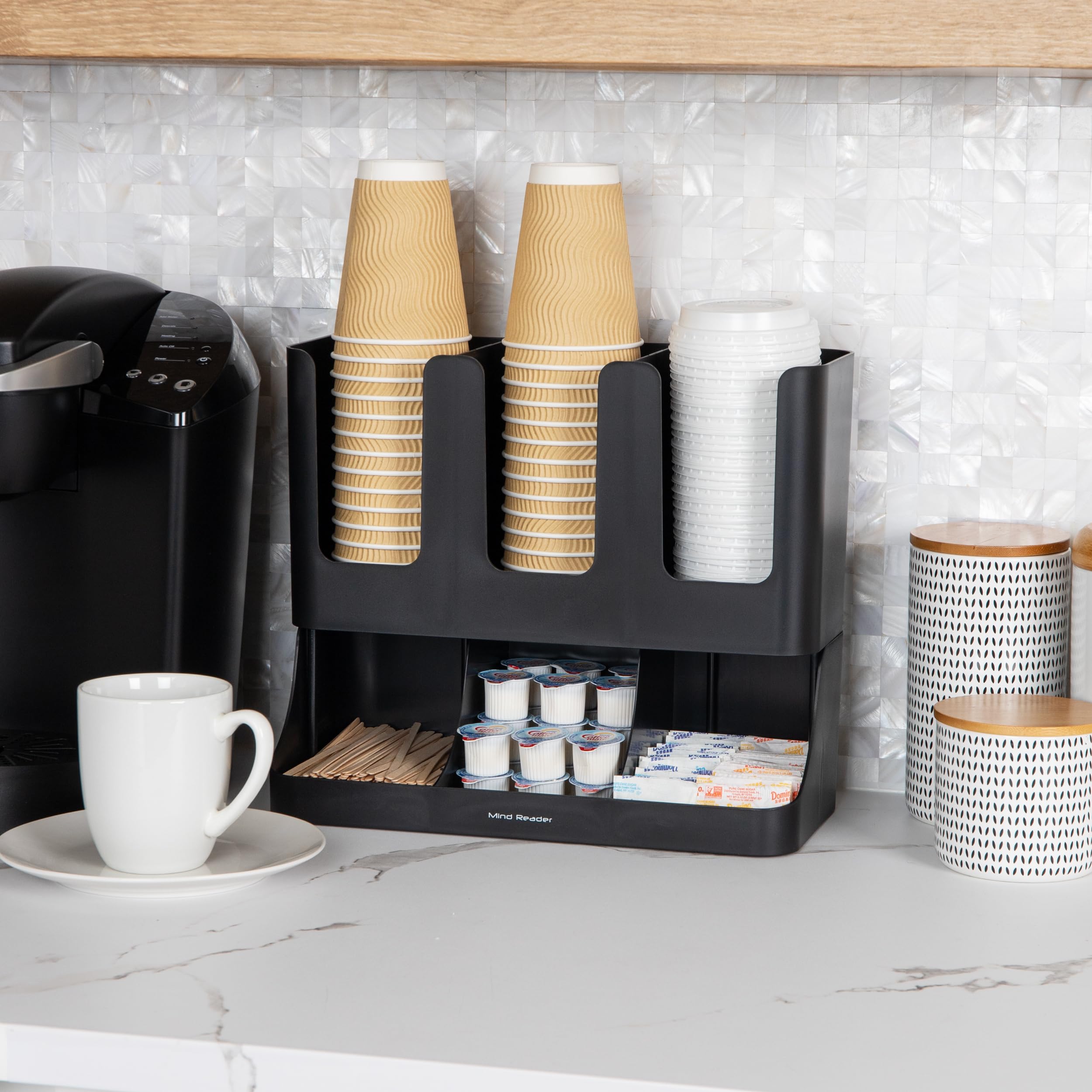 Mind Reader Condiment Station, 13 Inch Countertop Coffee Bar Organizer with 6 Compartments, Storage Caddy for Cups, Lids and Packets, Plastic, Black