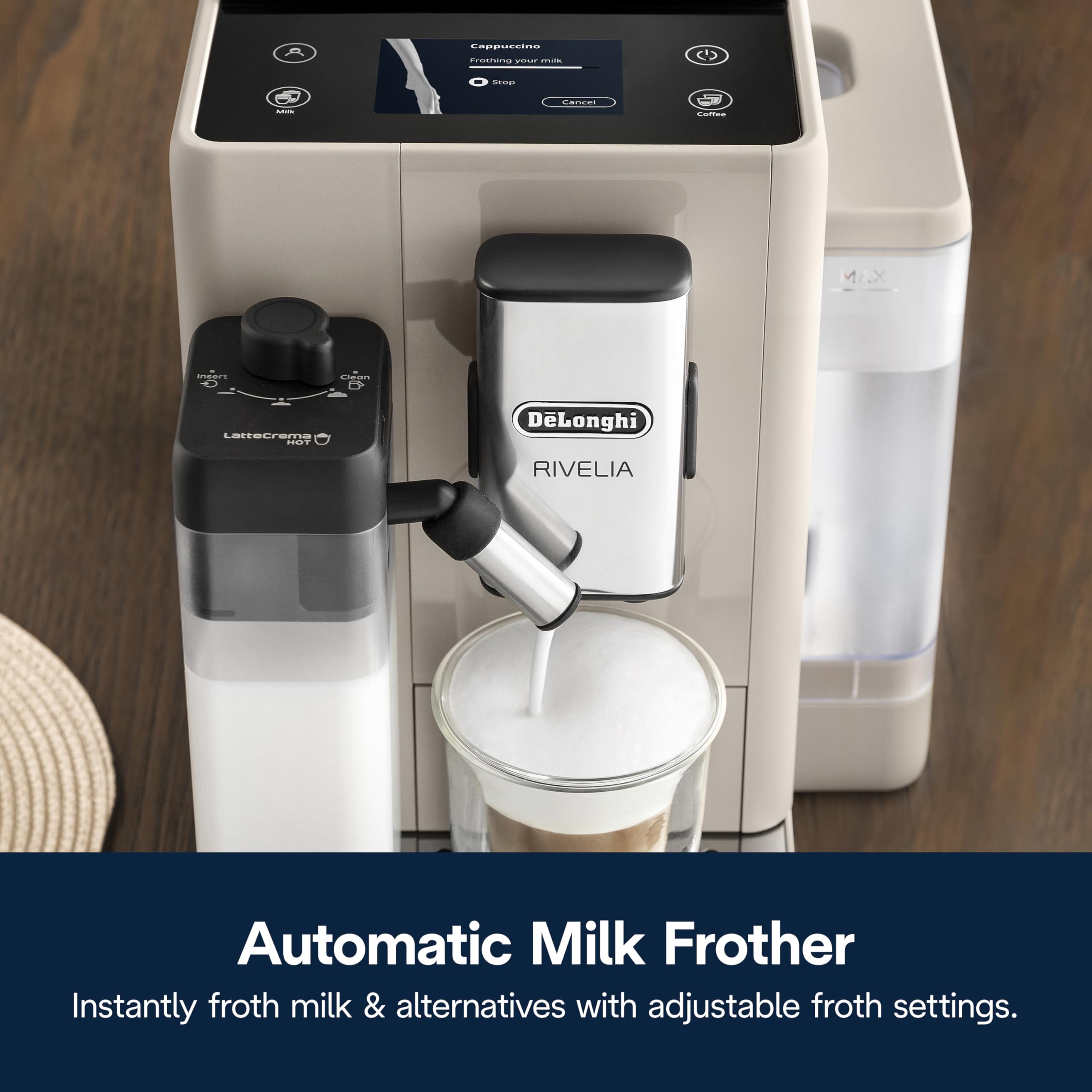 De'Longhi Rivelia Automatic Espresso Machine with Grinder & Milk Frother – All-in-One Coffee Maker, Hot & Iced Latte, Cappuccino, Bean Switch System, Burr Grinder, Compact Italian Design, Black