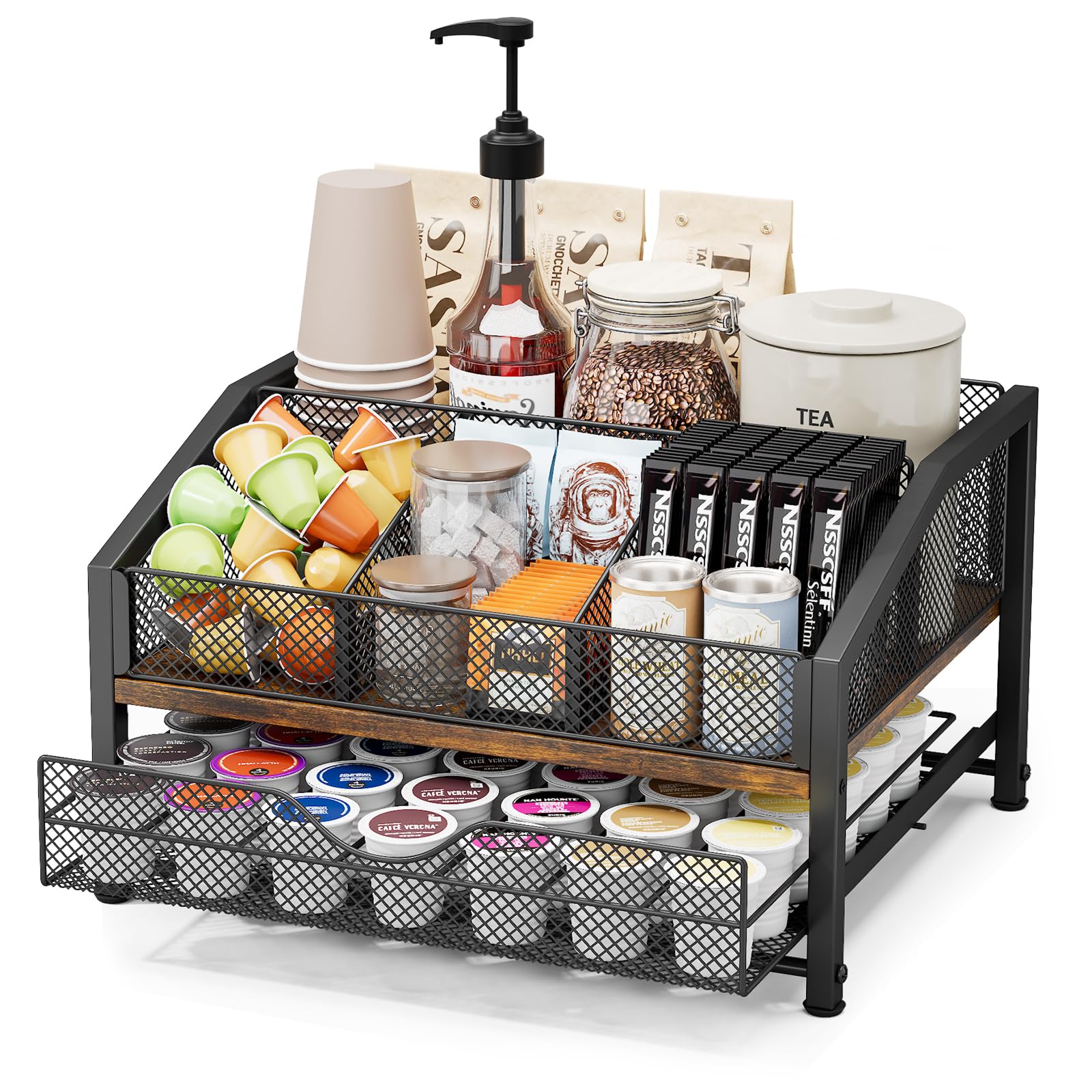 Homsorout Coffee Bar Organizer - Coffee Station for Countertop, Metal and Wood K Cup holder Storage Basket for Coffee Pods, Syrup, Cups, Stirrer, Coffee Condiment, Tea Organizer, Black and Brown