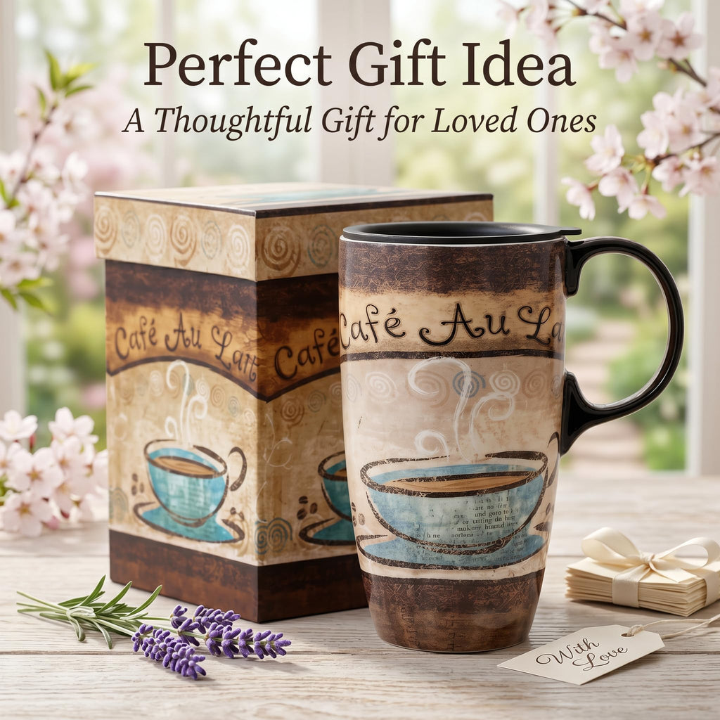 Topadorn 17oz Ceramic Travel Mug with Lid, Tall Ceramic Coffee Mug with Handle, Purple Floral Coffee Cup with Gift Box