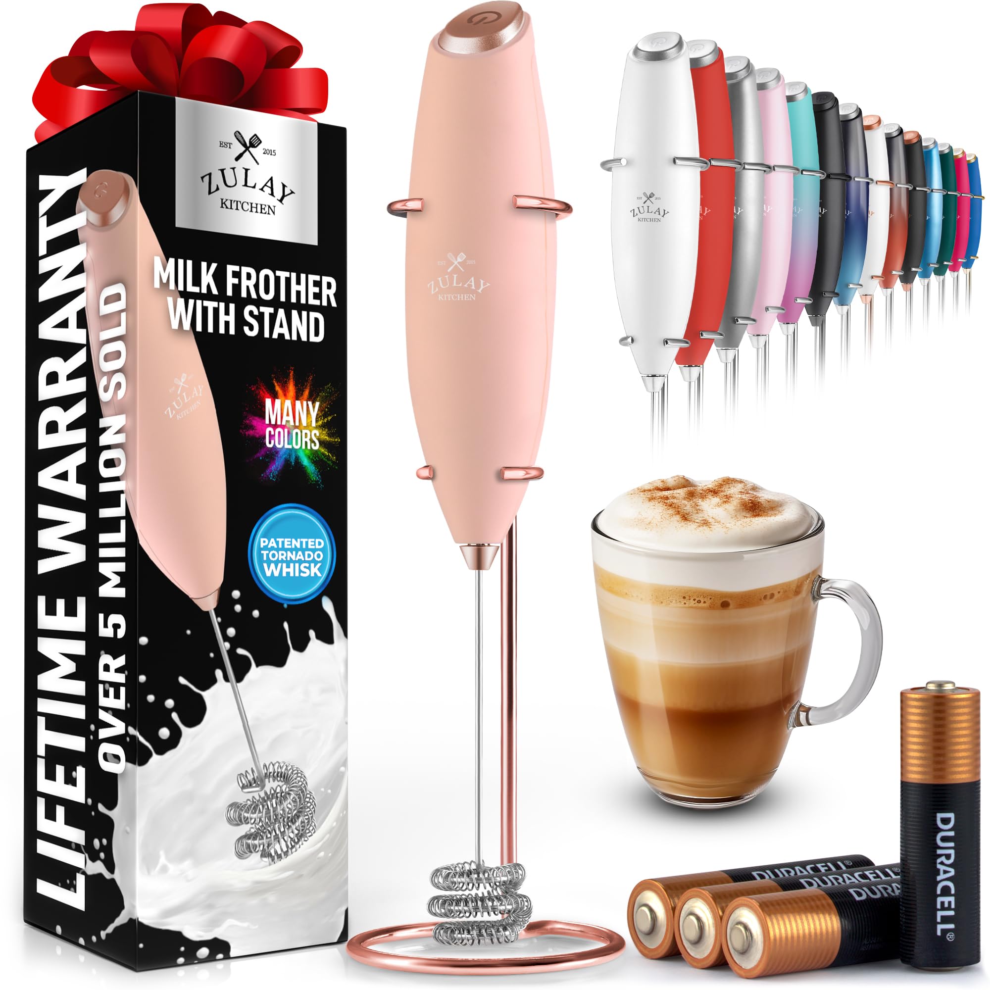 Zulay Kitchen Rechargeable Milk Frother Handheld - Frother Wand, Drink Mixer, Electric Whisk Frother, for Cappuccinos, Matcha & Protein Powder - Lux 4 Whisk 2 Speed Waterproof 2000mAh Alpha Black