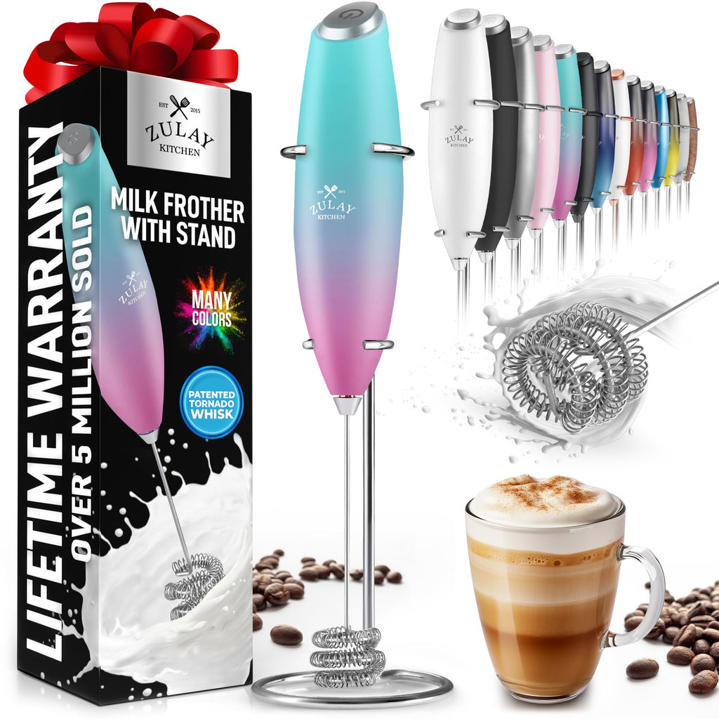 Zulay Kitchen Powerful Milk Frother AA Batteries Included – Ultra Fast Handheld Drink Mixer with Stainless Steel Whisk Stirrer for Coffee, Protein, Matcha & More, Frother Wand Electric Frothmate Black
