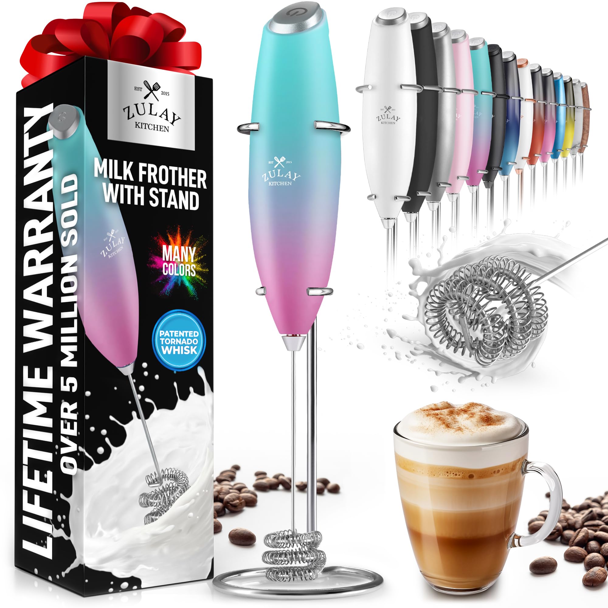 Zulay Kitchen Powerful Milk Frother AA Batteries Included – Ultra Fast Handheld Drink Mixer with Stainless Steel Whisk Stirrer for Coffee, Protein, Matcha & More, Frother Wand Electric Frothmate Black