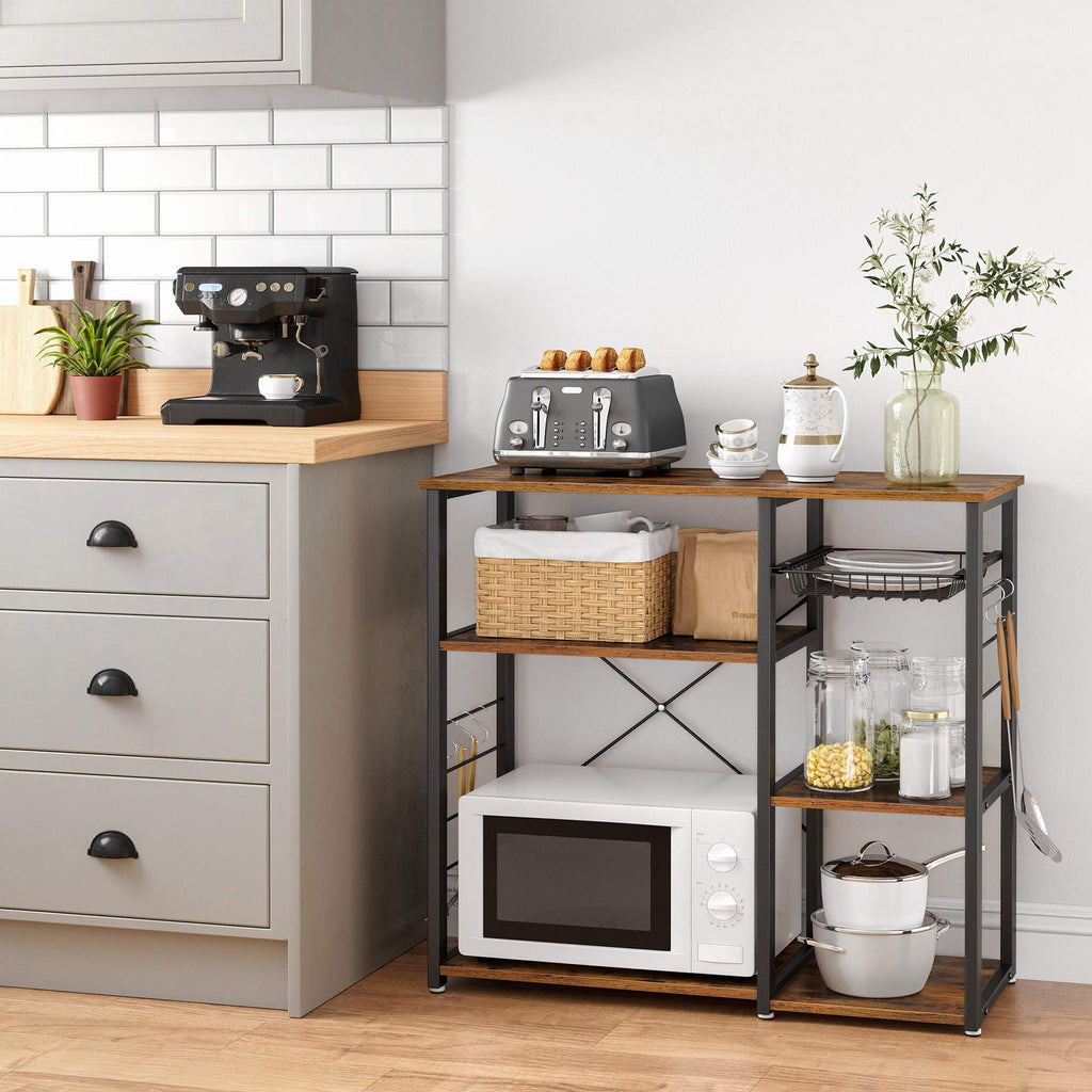 VASAGLE Baker's Rack, Coffee Bar Stand with Charging Station, 35.6 Inches Tall, Storage Shelves, Pull-Out Wire Basket, Table for Microwave, Kitchen, Rustic Brown and Ink Black UKKS036K01