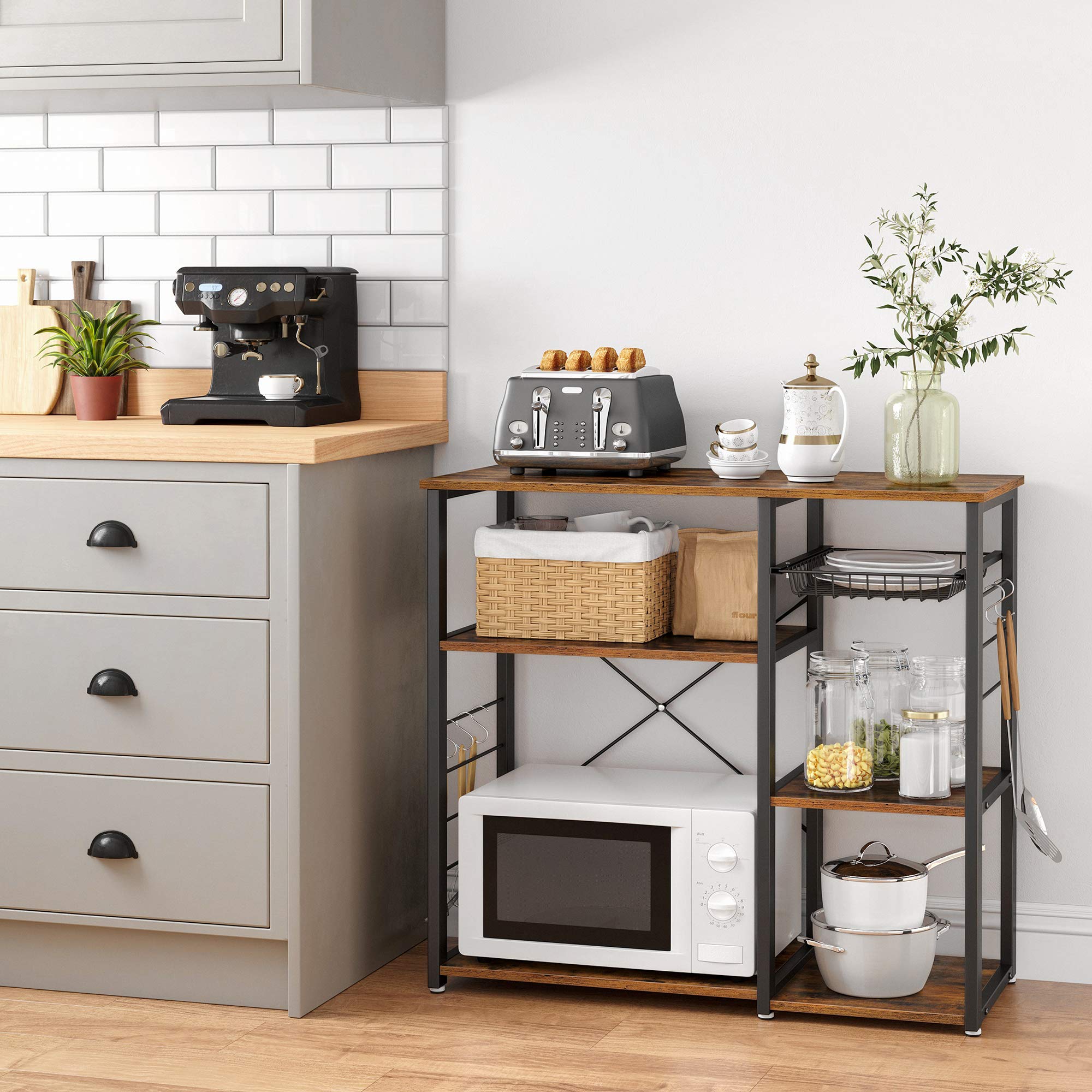 VASAGLE Baker's Rack, Coffee Bar Stand with Charging Station, 35.6 Inches Tall, Storage Shelves, Pull-Out Wire Basket, Table for Microwave, Kitchen, Rustic Brown and Ink Black UKKS036K01