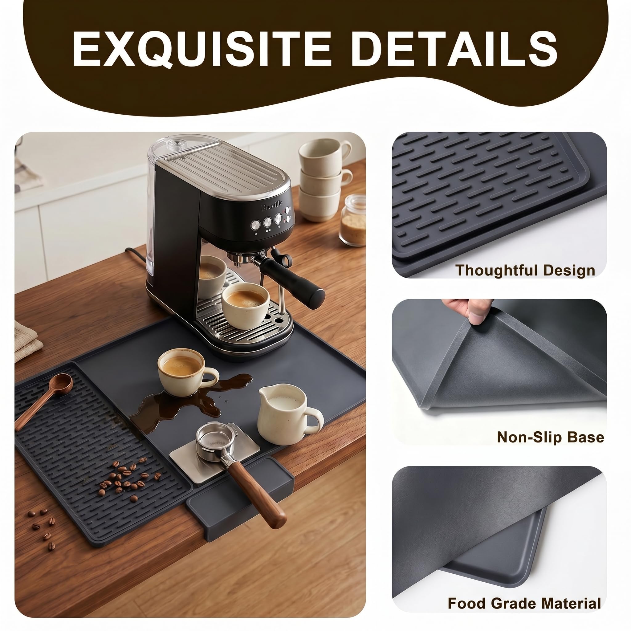 Caketime 2 In 1 Silicone Coffee Bar Mat Accessories Detachable Dish Drying Rug Rack Stone for Kitchen Counter Home Household Apartment Office Essentials Barista Espresso Machine Drainer Must Have