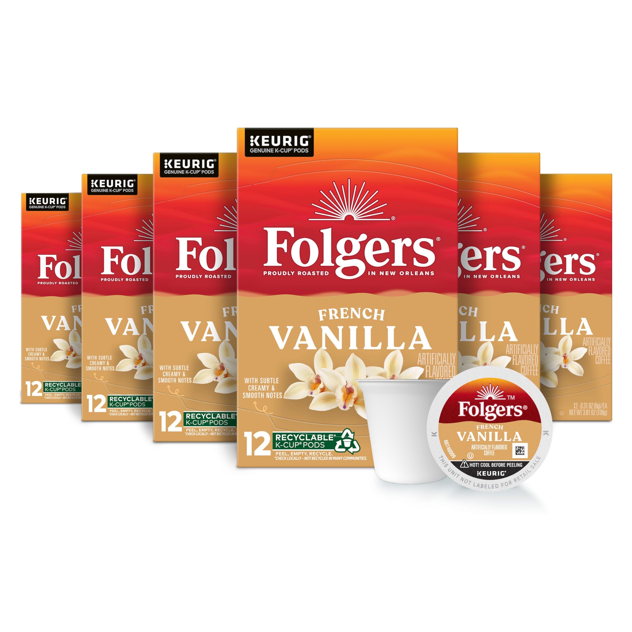 Folgers French Vanilla Artificially Flavored Coffee, Keurig K-Cup pods, 10 Count Box (Pack of 6)