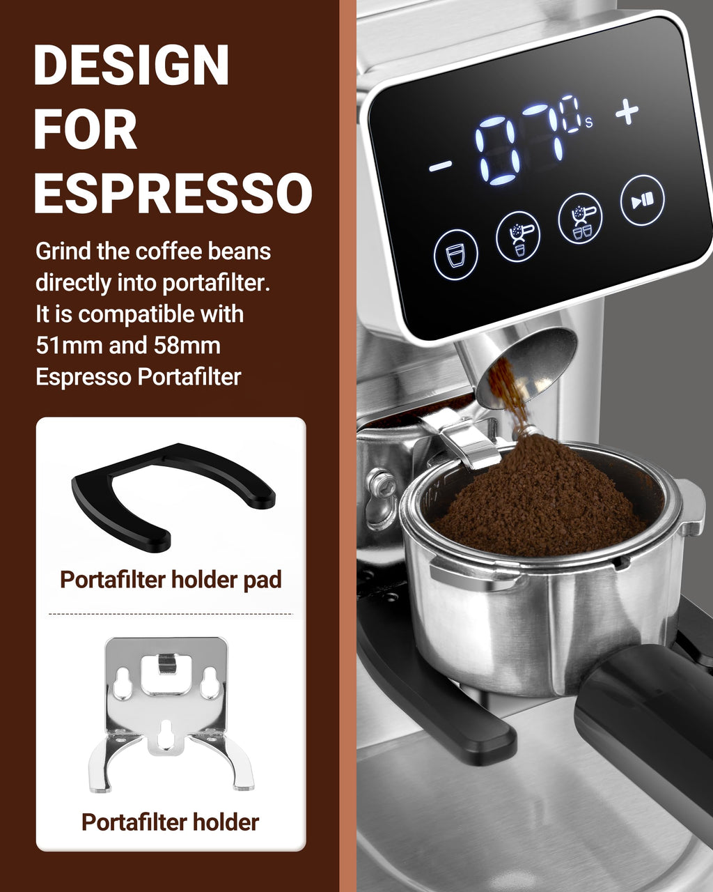 AMZCHEF Coffee Grinder, Coffee Bean Grinder for Home Use with Precise Grinding, LED Control Panel, Detachable Funnel Stand, Anti-static Design, 48 Grind Settings, Silver