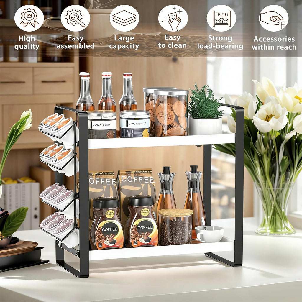 LEMIKKLE Coffee Station Organizer with Pod Holder and Drawer, Kitchen Countertop Organizer, Coffee Bar Accessories Station with Coffee Pod Storage, 2-Tier Wood Coffee Organizer With 6 Hooks