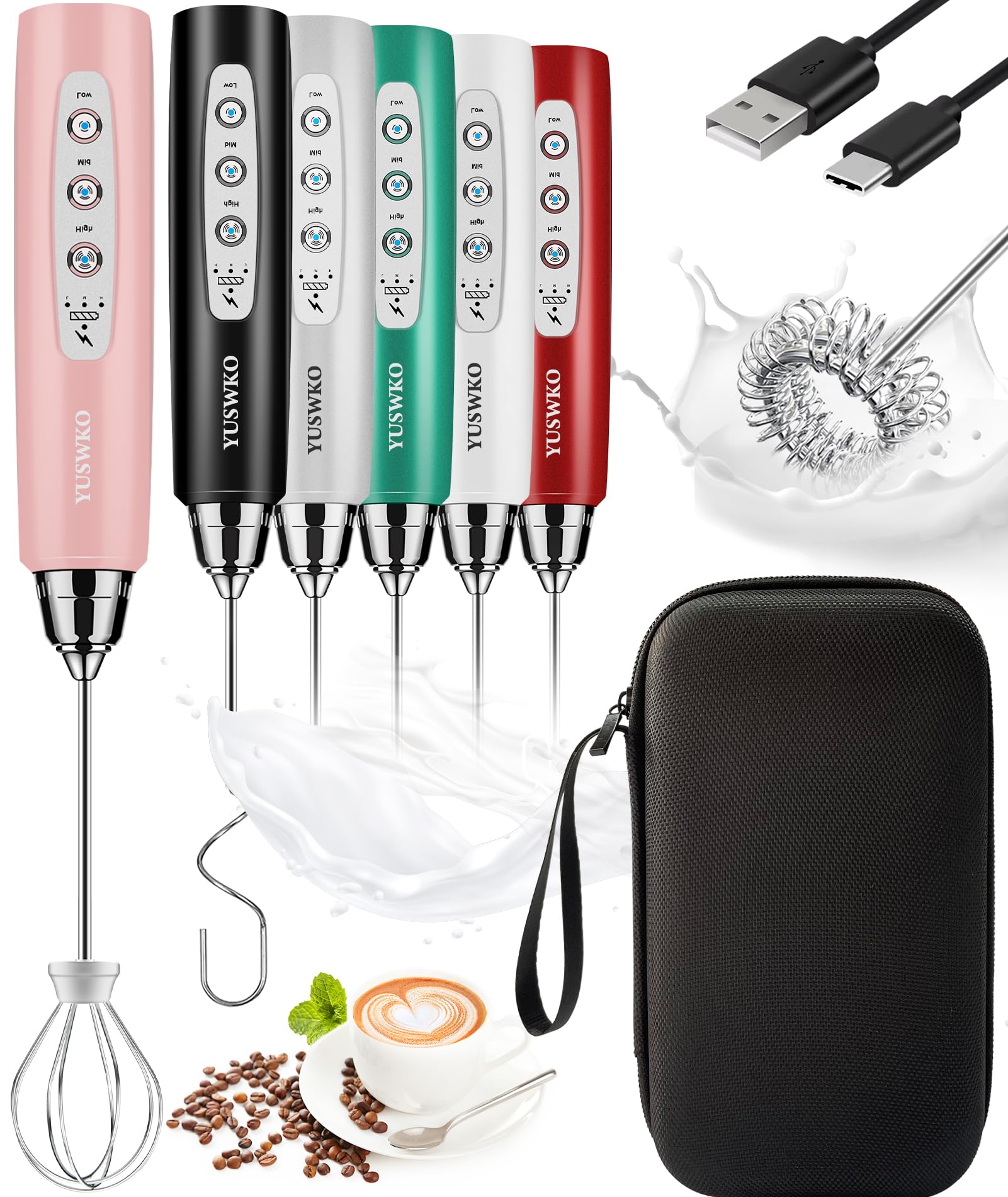 YUSWKO Black Handheld Milk Frother Wand for Coffee, Rechargeable Electric Whisk with 3 Heads 3 Speeds Drink Mixer Coffee Frother For Latte, Cappuccino, Hot Chocolate, Egg